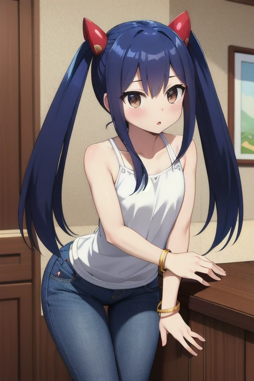 masterpiece, highest quality, High resolution, Arwendy, Long Hair, Twin tails, hair ornaments, Exposing shoulders,
jeans,Bracelet, bracelet, at home, leaning forward, Cowboy Shot, Embarrassing,