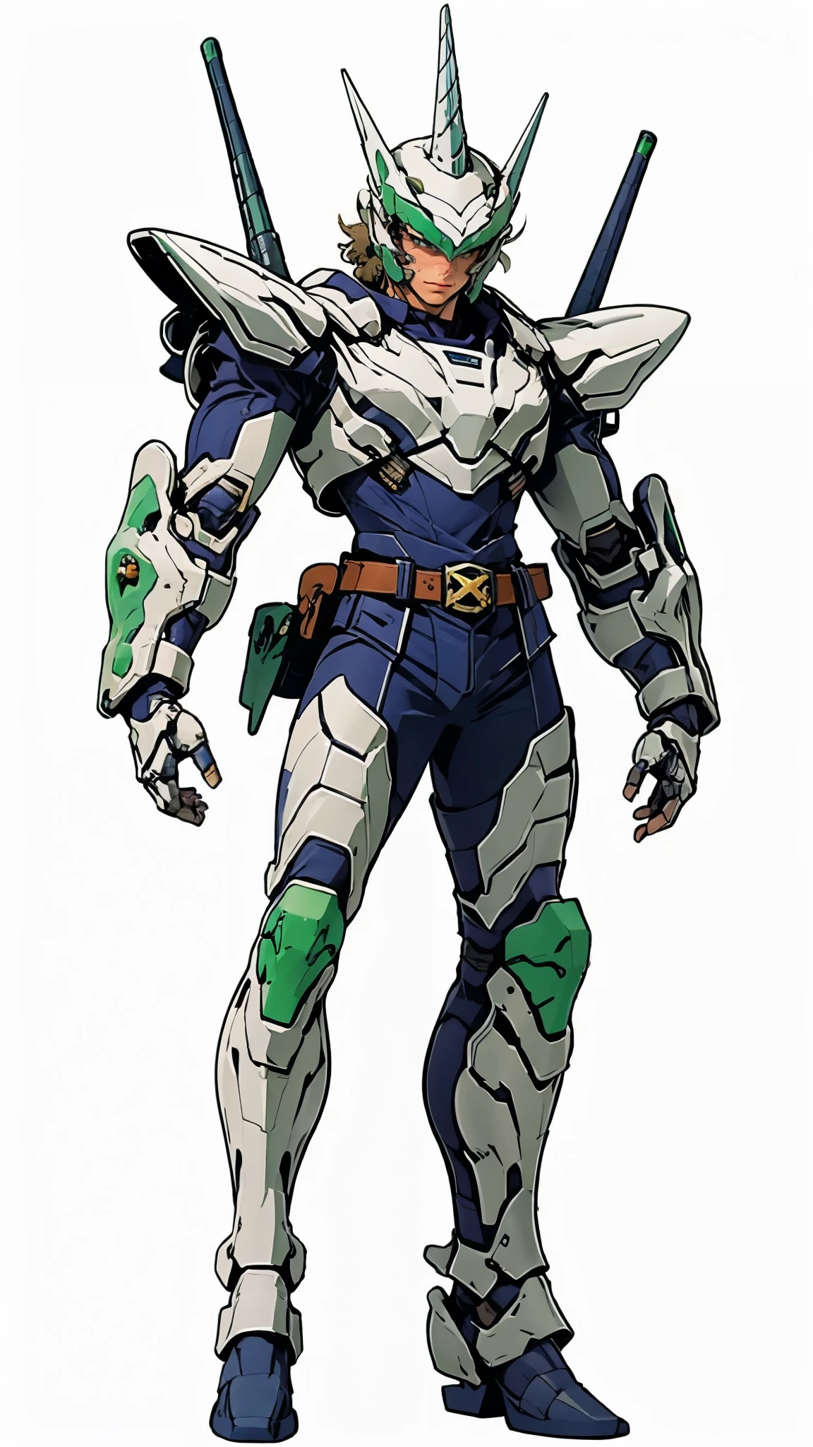 A man wearing a full-face helmet, a fantasy-style biotech armored combat suit, green eyes, (a composite layered chest armor), fully enclosed shoulder guards, matching arm and leg guards, the belt is adorned with Horseshoe-shaped marker, (the color scheme is primarily white with green accents), the design balances heavy with agility, a high-tech bio-mecha armor, (Armor Concept Inspired by Unicorn, stand on the top of a skyscraper in a futuristic sci-fi city), this character embodies a finely crafted fantasy-surreal style armored hero in anime style, exquisite and mature manga art style, (battle damage, element, plasma, energy, the armor glows), ((male:1.5)), metallic, real texture material, dramatic, high definition, best quality, highres, ultra-detailed, ultra-fine painting, extremely delicate, professional, perfect body proportions, golden ratio, anatomically correct, symmetrical face, extremely detailed eyes and face, high quality eyes, creativity, RAW photo, UHD, 32k, Natural light, cinematic lighting, masterpiece-anatomy-perfect, masterpiece:1.5