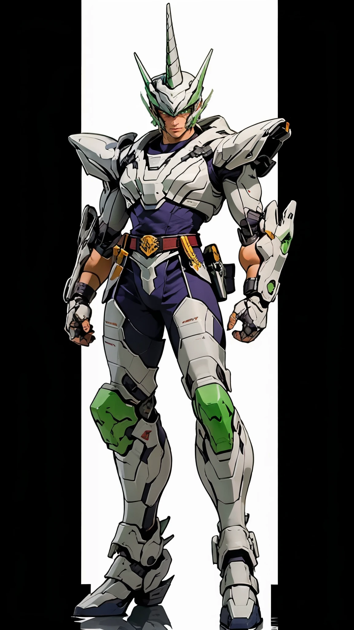 A man wearing a full-face helmet, a fantasy-style biotech armored combat suit, green eyes, (a composite layered chest armor), fully enclosed shoulder guards, matching arm and leg guards, the belt is adorned with Horseshoe-shaped marker, (the color scheme is primarily white with green accents), the design balances heavy with agility, a high-tech bio-mecha armor, (Armor Concept Inspired by Unicorn, stand on the top of a skyscraper in a futuristic sci-fi city), this character embodies a finely crafted fantasy-surreal style armored hero in anime style, exquisite and mature manga art style, (battle damage, element, plasma, energy, the armor glows), ((male:1.5)), metallic, real texture material, dramatic, high definition, best quality, highres, ultra-detailed, ultra-fine painting, extremely delicate, professional, perfect body proportions, golden ratio, anatomically correct, symmetrical face, extremely detailed eyes and face, high quality eyes, creativity, RAW photo, UHD, 32k, Natural light, cinematic lighting, masterpiece-anatomy-perfect, masterpiece:1.5