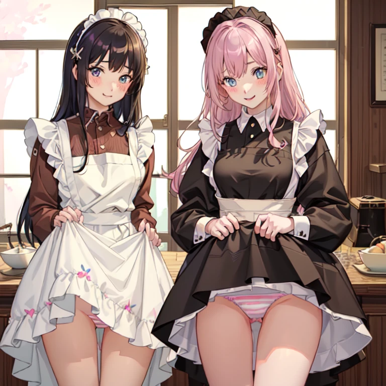 highest quality、masterpiece、((2 girls:1.5))、((smile:1.3))、(blush:1.3)、Black Shirt、blouse、((fun!!))、(Small breasts)、()、Blonde、(Long sleeve)、((White apron:1.5))、((Maid))、((hair ornaments)),、Kamimei、look at me、 ((in house:1.5))、 Taking a break from watching the audience、Cowboy Shot、(Skirt lift:1.3),(Highly detailed pink striped panties:1.3)、(Highly detailed panties:1.3)、、(スカート that rolls up:1.3)、(Panties fully exposed:1.5)、Light blue eyes、long hair、Glowing Eyes