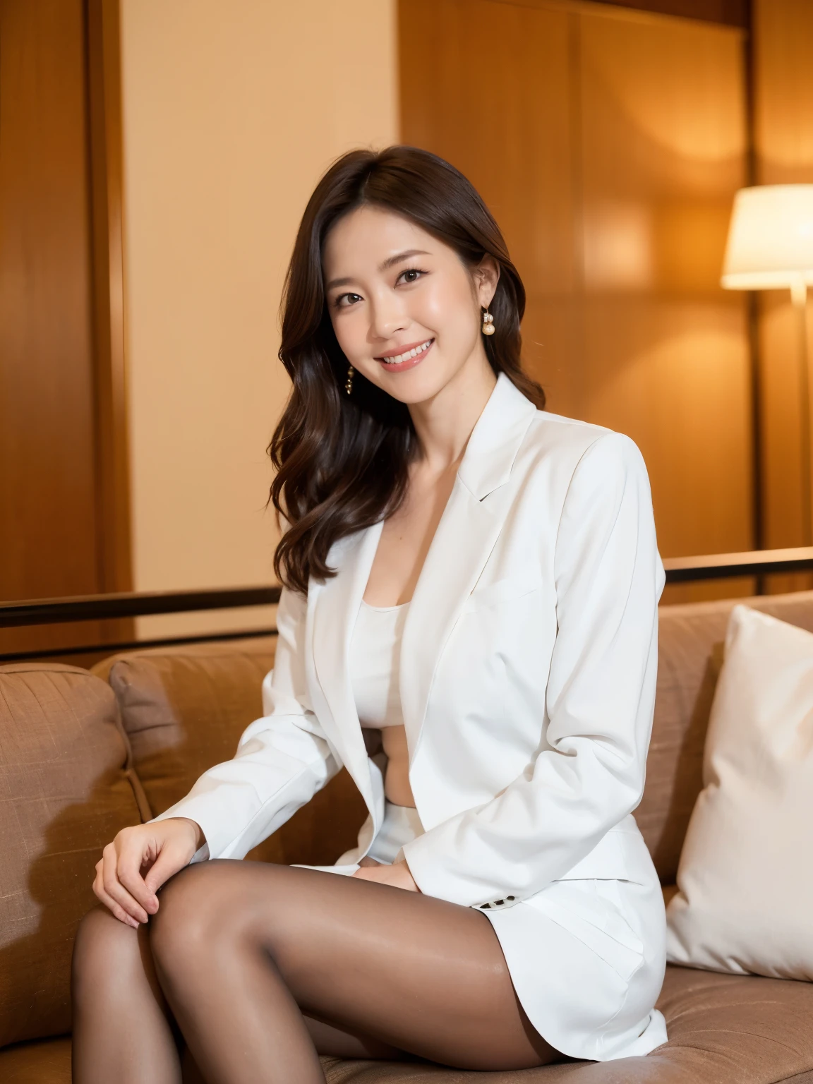 最high quality, In 8K, Masseter region, Vibrant, Sharp focus, high quality, High resolution, Detailed face, fine grain, (Looking at the audience), alone, Beautiful woman, 38 years old, (standard body type)、(D cup breasts)、(Short black hair:1.5), Cleavage、(Hotel Okura lobby)、 (Sitting on a large sofa:1.6)、(White business jacket:1.6)、(White mermaid skirt:1.5)、(Black pumps)、pantyhose、(smile:1.5)、(Short black hair:1.3)