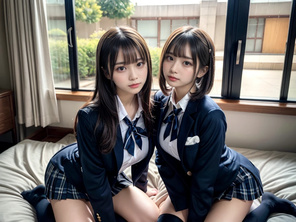 muster piece, best quality, illustration, Super detailed, fine details, High resolution, 8K,wall paper, perfect dynamic composition,(Details High quality, realistic depiction of eyes:1.3), ((2 girls, 2 schoolgirls)), The background is a luxury hotel room、High school girl uniform、blazer 、Super Short Check Uniform Skirt、Navy blue high socks、garterbelts、Colossal tits、Disturbed uniform, Play with each other,Touching each other's bodies,Touching the body of the girl next door, short bob hair, black hair color, huge breasts, Big Natural Color Lip, bold sexy pose, (perfect body shape), crying a little、cold gaze, Harajuku style、Beautiful makeup,glitter makeup,Cutest 18 years old, beautiful legs, hposing Gravure Idol, Voluptuous thighs