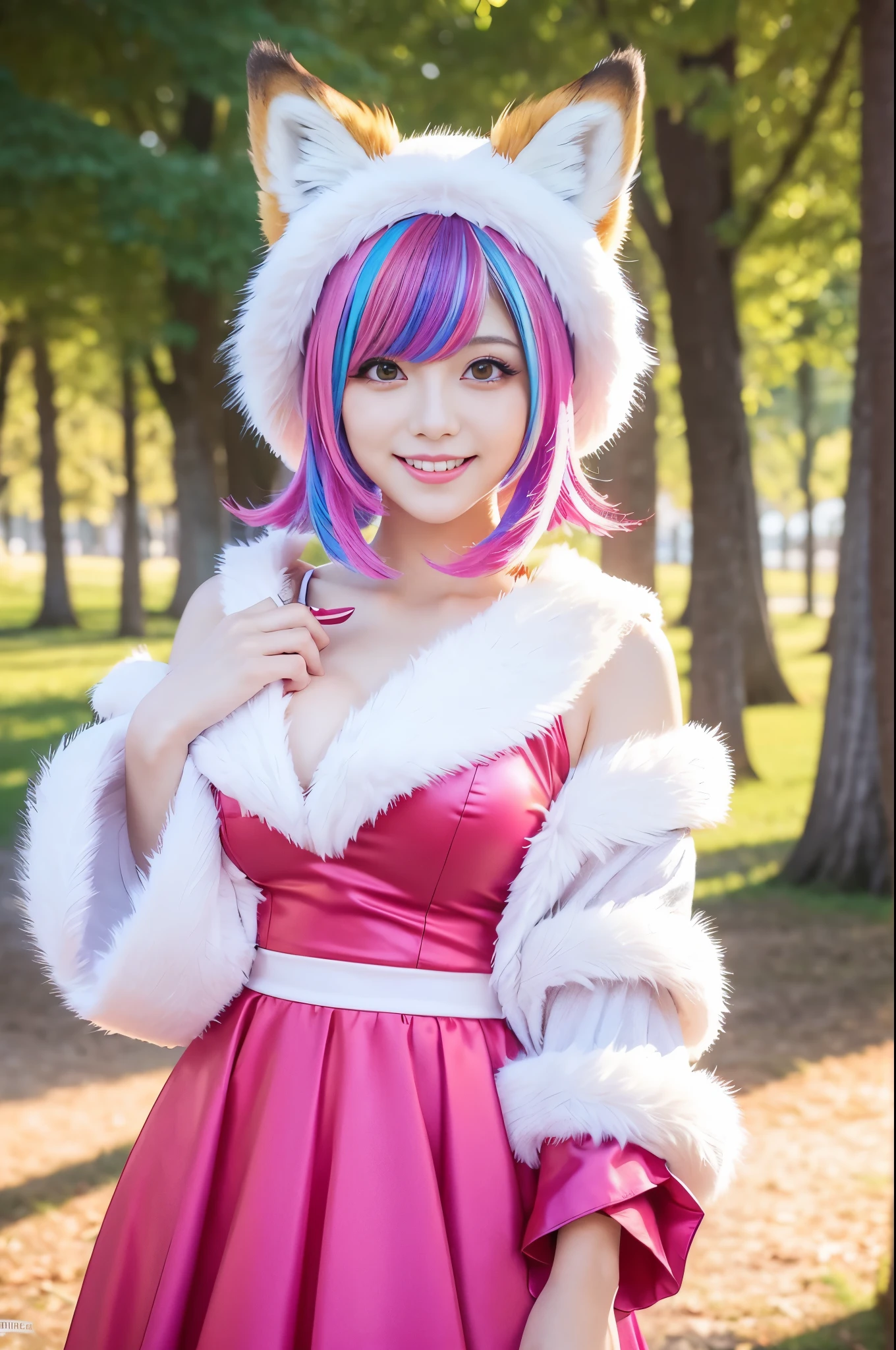 ultra sexy female, (-anime), only 1 female, very short hair, beautiful smile, lipgloss, long lashes, defined eyebrows, detailed fox anime cosplay, fluffy fur vivid colors outfit, cosplay accessoires, fox ears, vivid colors, look at the camera, cinematic light, large park background with trees, sweet and sexy pose