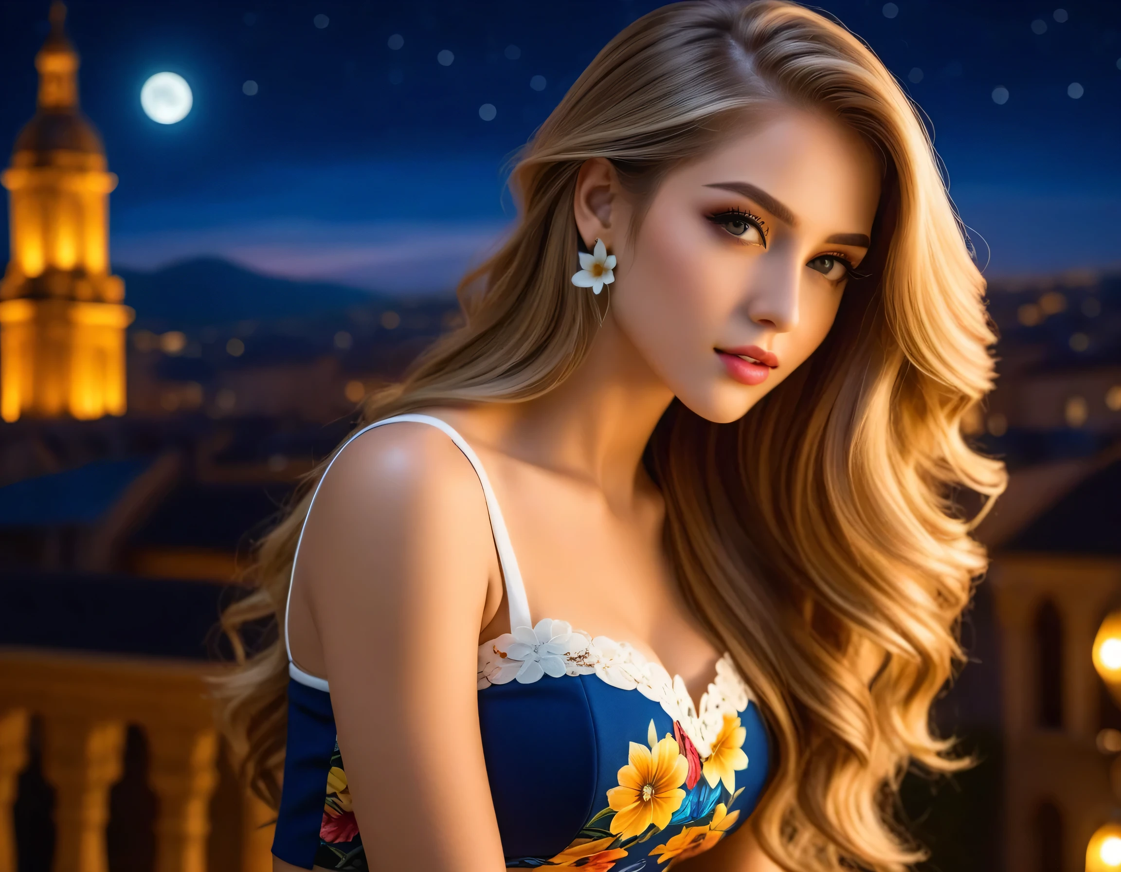 (masterpiece, professional photo:1.2), (8k, high resolution), women, European, 25age, (side undercut long hair (dark blonde)), sexy curve, beautiful face, ultra detail eyes, (close mouth:1.2), small breast, (flower themed pencil skirt and top:1.2), sexy goddess, night time, high quality image, half body photo