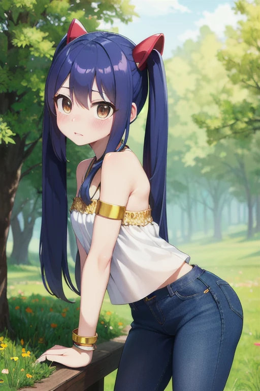 masterpiece, highest quality, High resolution, Arwendy, Long Hair, Twin tails, hair ornaments, Exposing shoulders, jeans,Bracelet, bracelet, field, leaning forward, Cowboy Shot,Embarrassed,