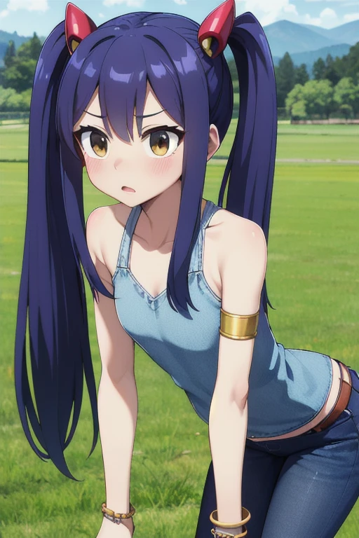 masterpiece, highest quality, High resolution, Arwendy, Long Hair, Twin tails, hair ornaments, Exposing shoulders, jeans,Bracelet, bracelet, field, leaning forward, Cowboy Shot,Embarrassed,