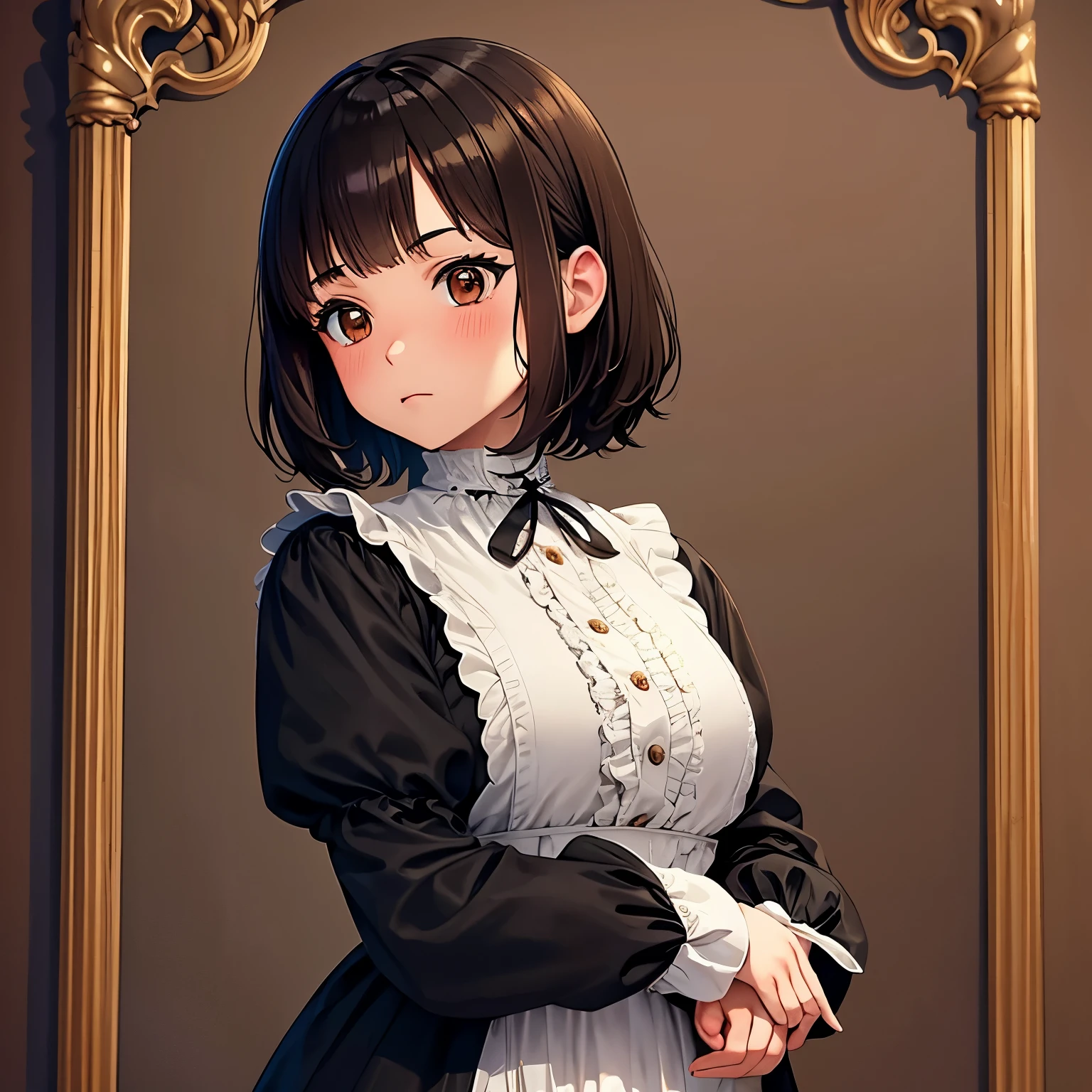 brown hispanic skin, big brown doe eyes, short wavy hair no bangs, thin eyebrows, blushing, wearing victorian clothes girl in anime style.