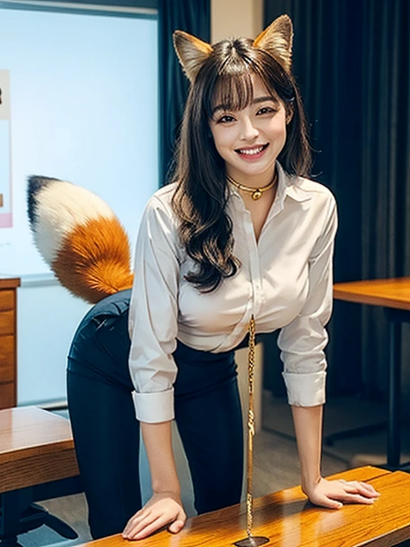 ((highest quality, 32k)), ((masterpiece)), (Familiar), Perfect Face, vixen, Pretty girl, Company Office, Has a tail, She has a northern fox tail., She stands up her fluffy tail, Dog collar, Beautiful hip line, Big Breasts, She wears a business suit, A big tail sticks out, Smiling face, Climb on all fours, Nice body