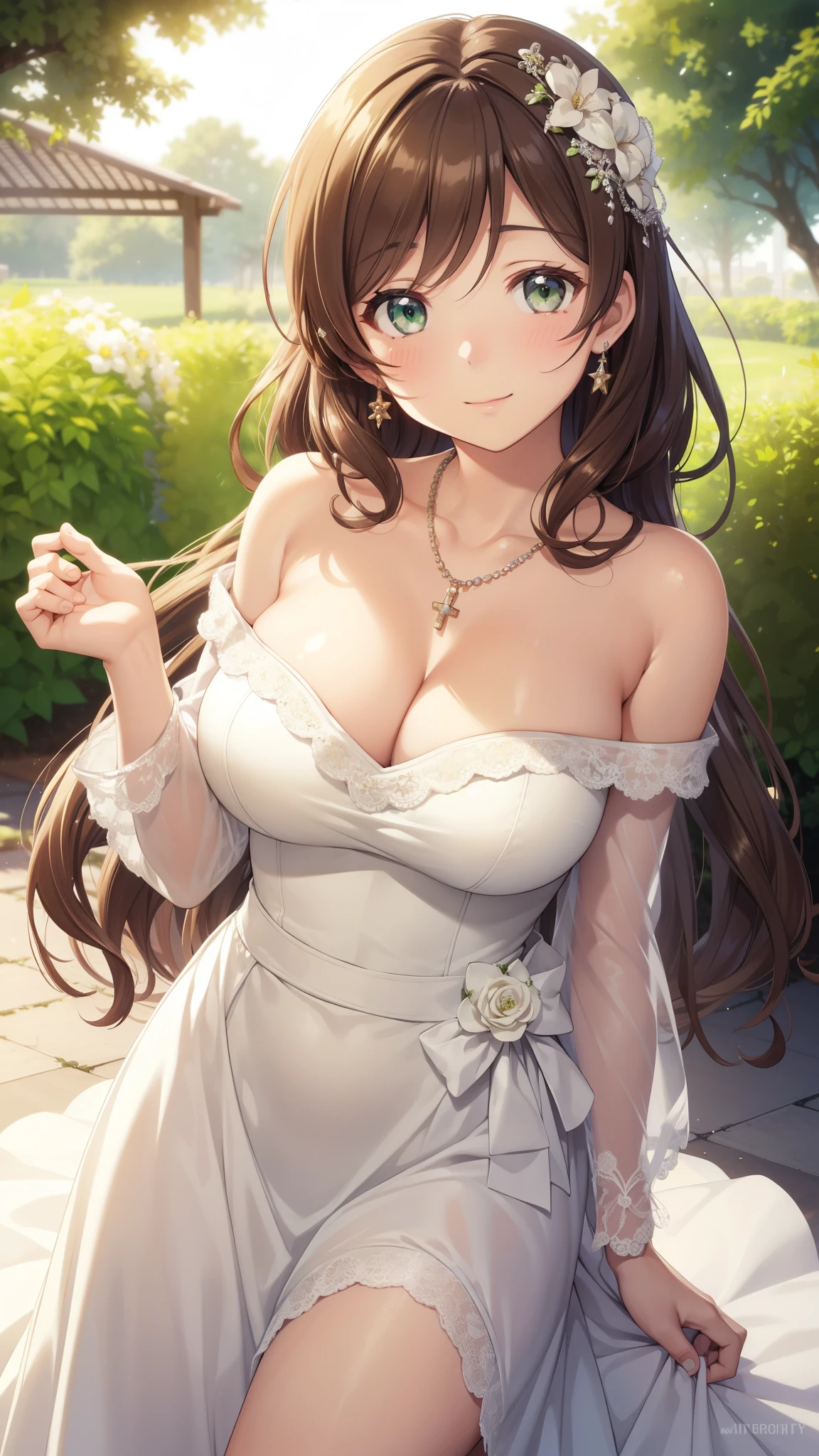 nozomitoujou, nozomi toujou, green eyes, brown hair, curly hair, large breasts, masterpiece, best quality, high resolution, beautiful detailed eyes, extremely detailed face, good lighting, detailed CG, messy hair, garden, light smile, wedding dress, off the shoulder, necklace, jewelry, earring