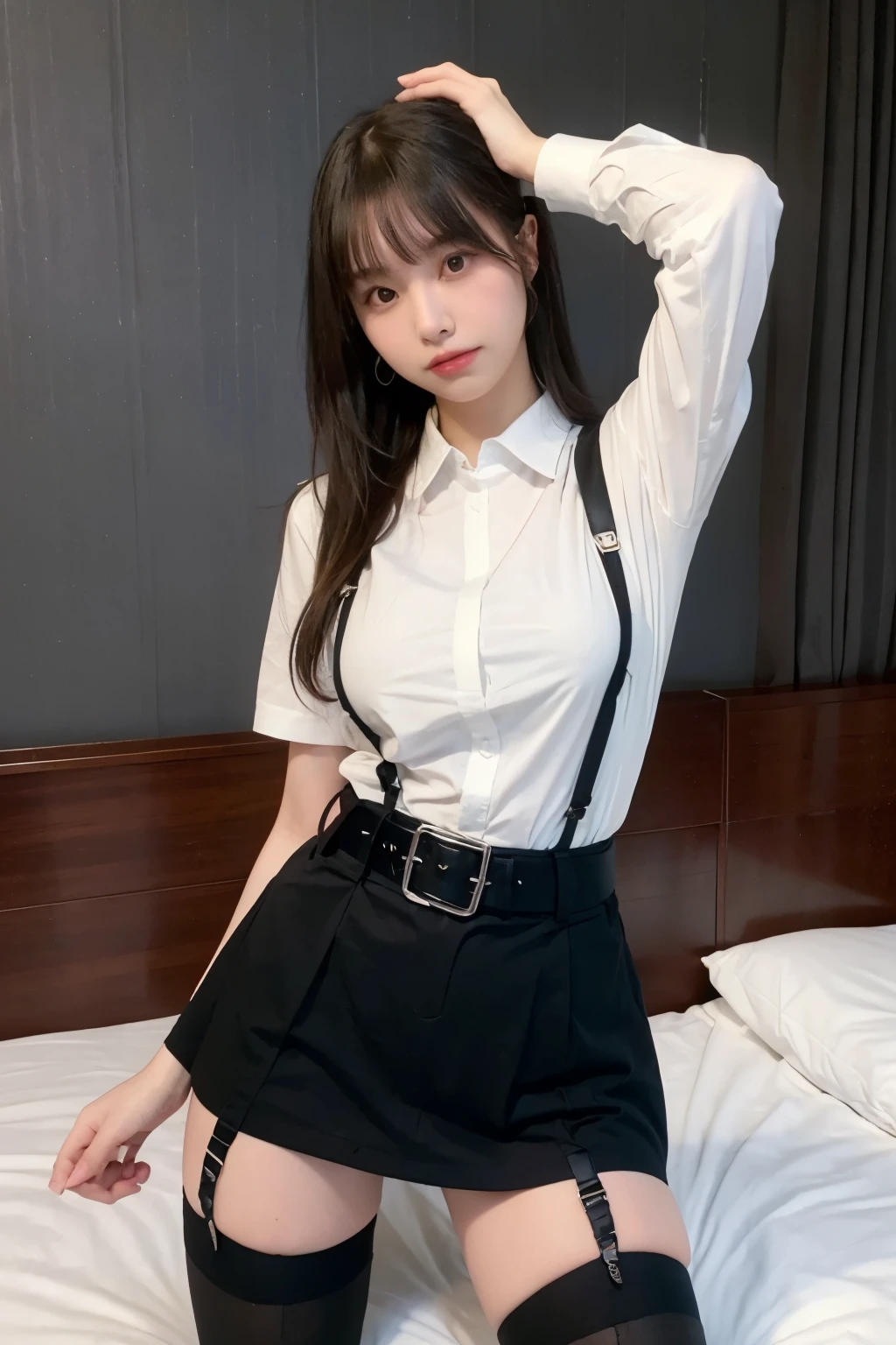 suspenders　　　Large swollen breasts　　 　 　　　　Black mini skirt　garter belt　Knee-high socks　　　　　　　bangs 　　　　　Beauty　　Hands up　　 　　Black boots 　　　　one person 　　　Dress shirt　　　Hands Behind Back　put your hands behind your back　　With your hands behind your back　Armament　holster　　A room at the Belt Hotel　Bed　Wall side 　Armpit sweat　Panty shot