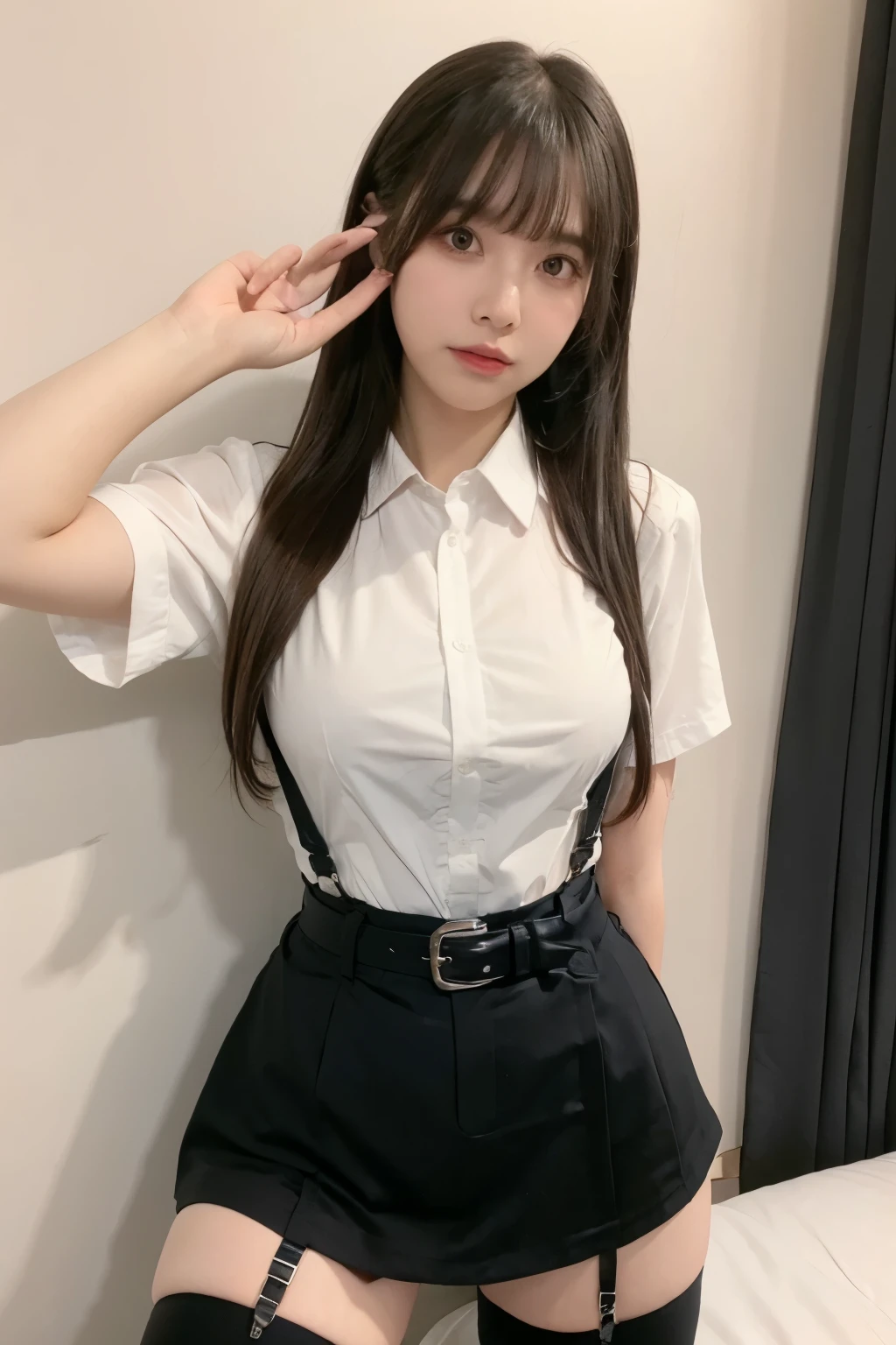 suspenders Large swollen breasts Black mini skirt garter belt Knee-high socks bangs Beauty Hands up Black boots one person Dress shirt Hands Behind Back put your hands behind your back With your hands behind your back Armament holster A room at the Belt Hotel Bed Wall side Armpit sweat Panty shot
