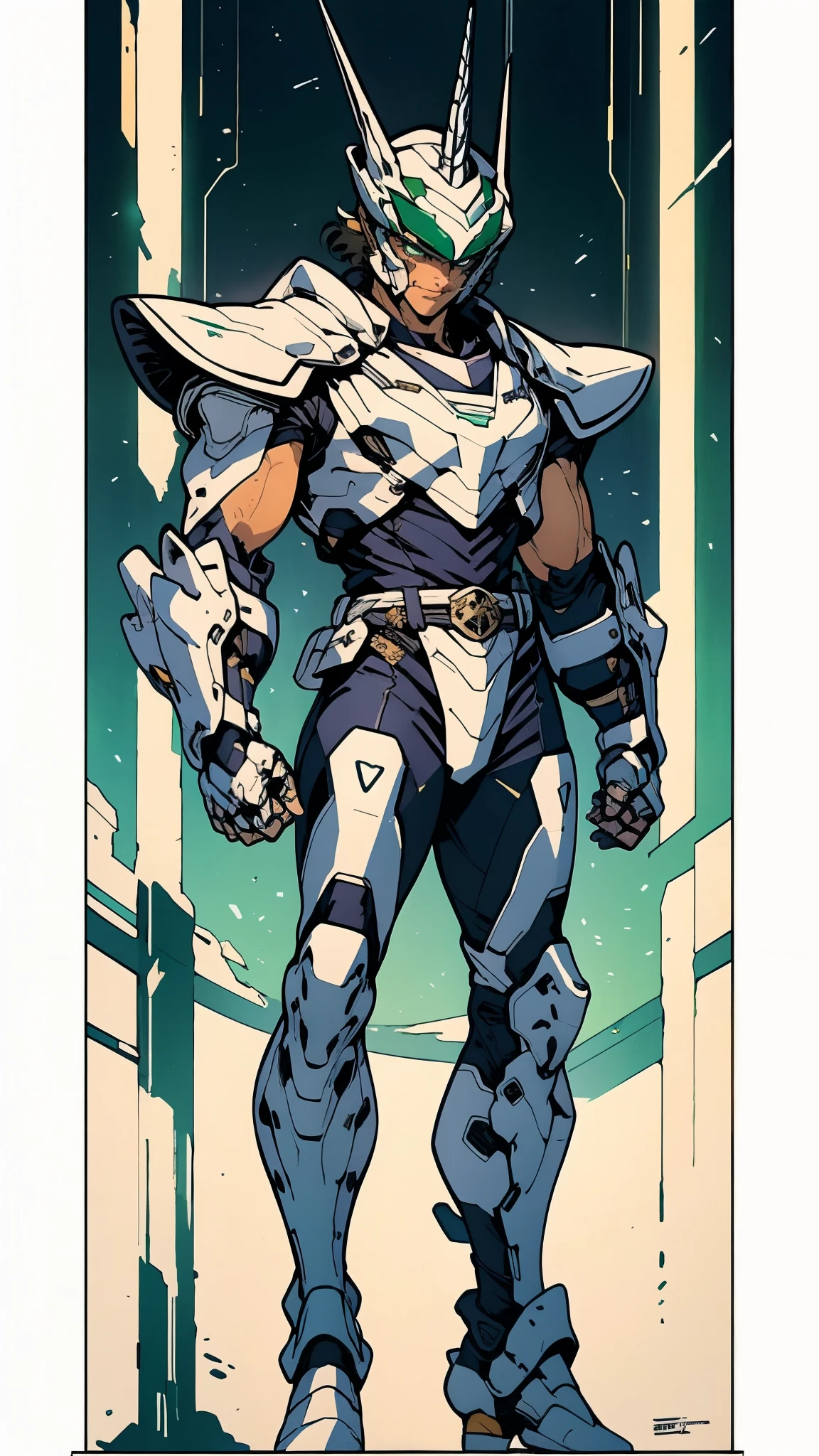 A man wearing a full-face helmet, a fantasy-style biotech armored combat suit, green eyes, (a composite layered chest armor), fully enclosed shoulder guards, matching arm and leg guards, the belt is adorned with Horseshoe-shaped marker, (the color scheme is primarily white with green accents), the design balances heavy with agility, a high-tech bio-mecha armor, (Armor Concept Inspired by Unicorn, stand on the top of a skyscraper in a futuristic sci-fi city), this character embodies a finely crafted fantasy-surreal style armored hero in anime style, exquisite and mature manga art style, (battle damage, element, plasma, energy, the armor glows), ((male:1.5)), metallic, real texture material, dramatic, high definition, best quality, highres, ultra-detailed, ultra-fine painting, extremely delicate, professional, perfect body proportions, golden ratio, anatomically correct, symmetrical face, extremely detailed eyes and face, high quality eyes, creativity, RAW photo, UHD, 32k, Natural light, cinematic lighting, masterpiece-anatomy-perfect, masterpiece:1.5