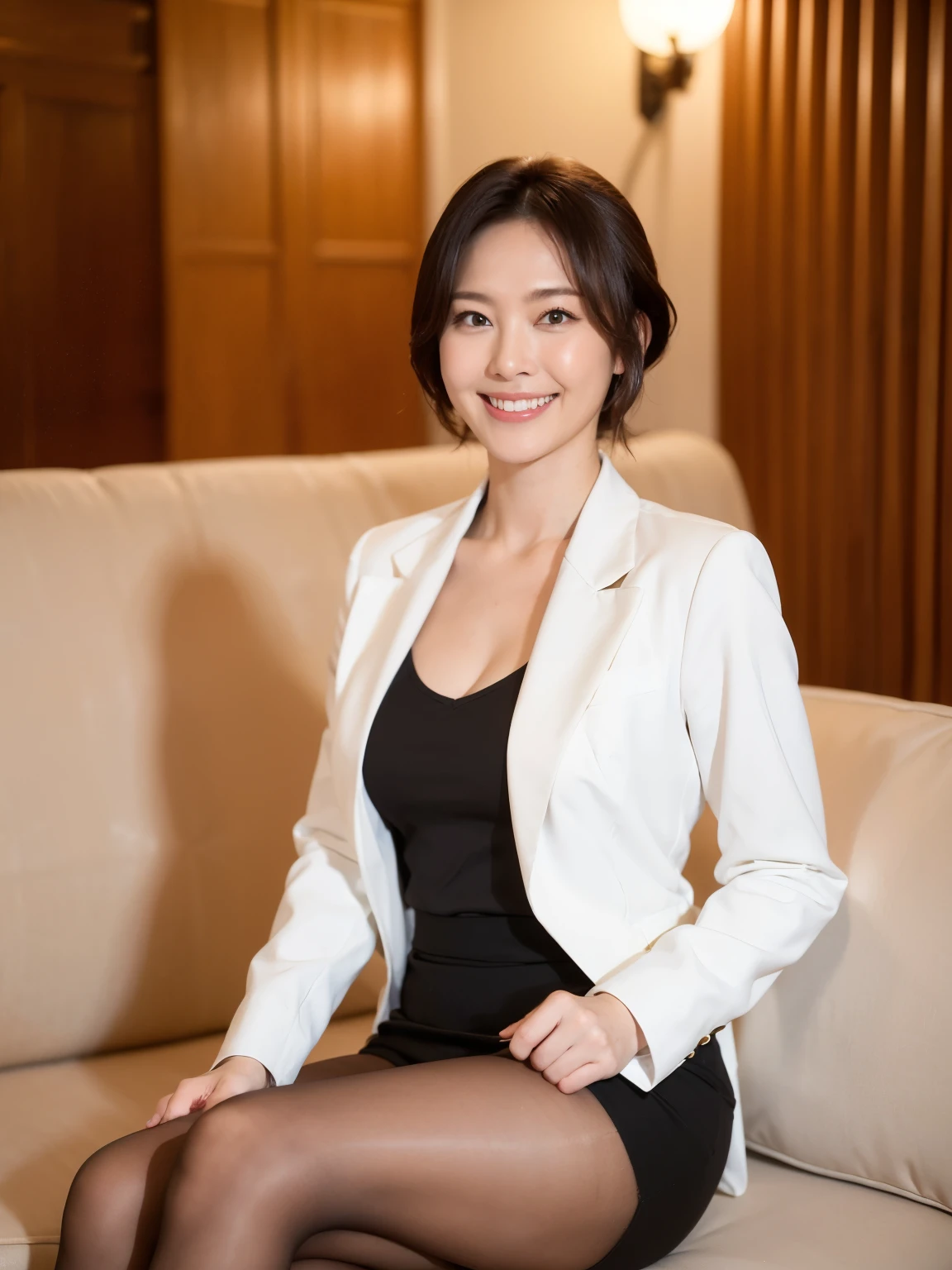 最high quality, In 8K, Masseter region, Vibrant, Sharp focus, high quality, High resolution, Detailed face, fine grain, (Looking at the audience), alone, Beautiful woman, 38 years old, (standard body type)、(D cup breasts)、(Short black hair:1.5), Cleavage、(Hotel Okura lobby)、 (Sitting on a large sofa:1.6)、(White business jacket:1.6)、(White pencil skirt:1.5)、(Black pumps)、pantyhose、(smile:1.5)、(Short black hair:1.3)
