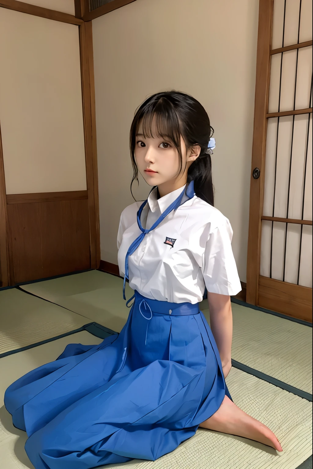 A cute girl is confined and tied up、Japanese、Inside the room、White under the blue skirt、Red short sleeve shirt、Sit with your feet together and forward、Beauty、