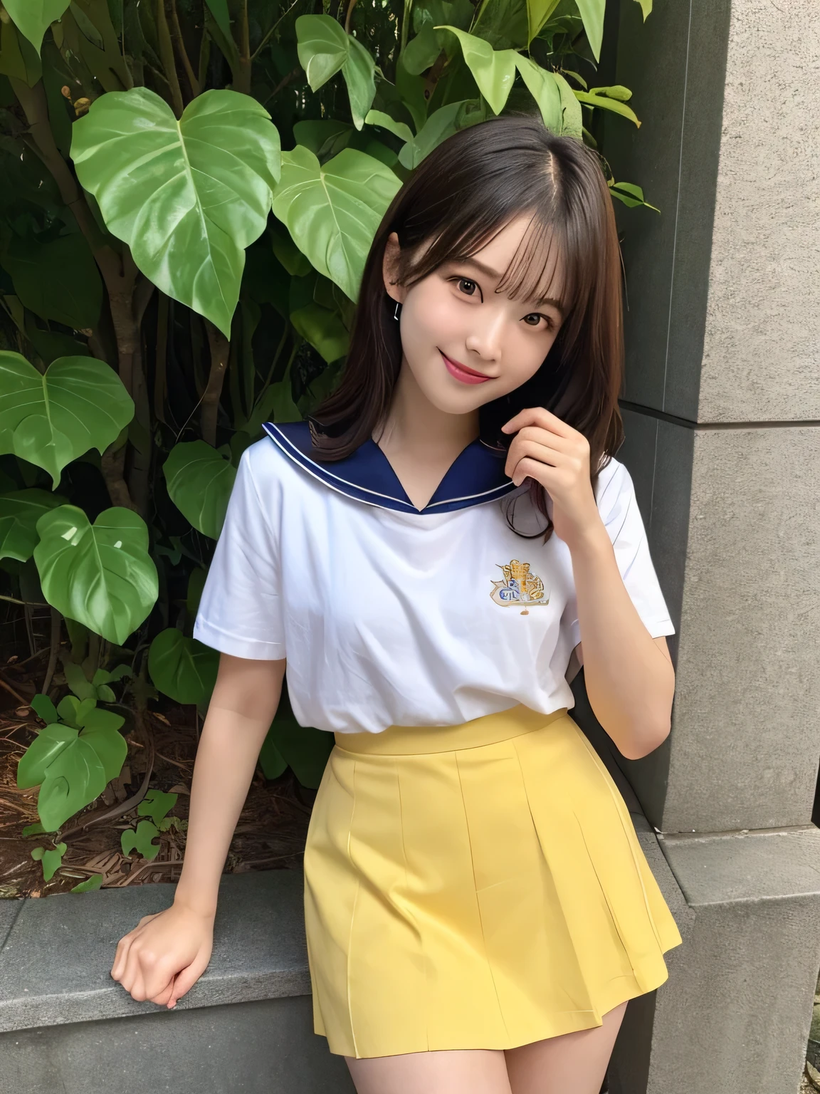 In detail,Full body photo、 One high school girl、High resolution, high quality、Slim body、Perfect dynamic composition, Beautiful fine details, Natural medium hair、Natural color lip,Kamimei、、Clear Skin、Yellow short-sleeved sailor suit、Red mini skirt、Thighs、Shiny Hair、最high quality, figure, Very detailed, In detail, High resolution, 8k、The correct state of the human body、Sculpture model pose,Thighs are visible、smile、