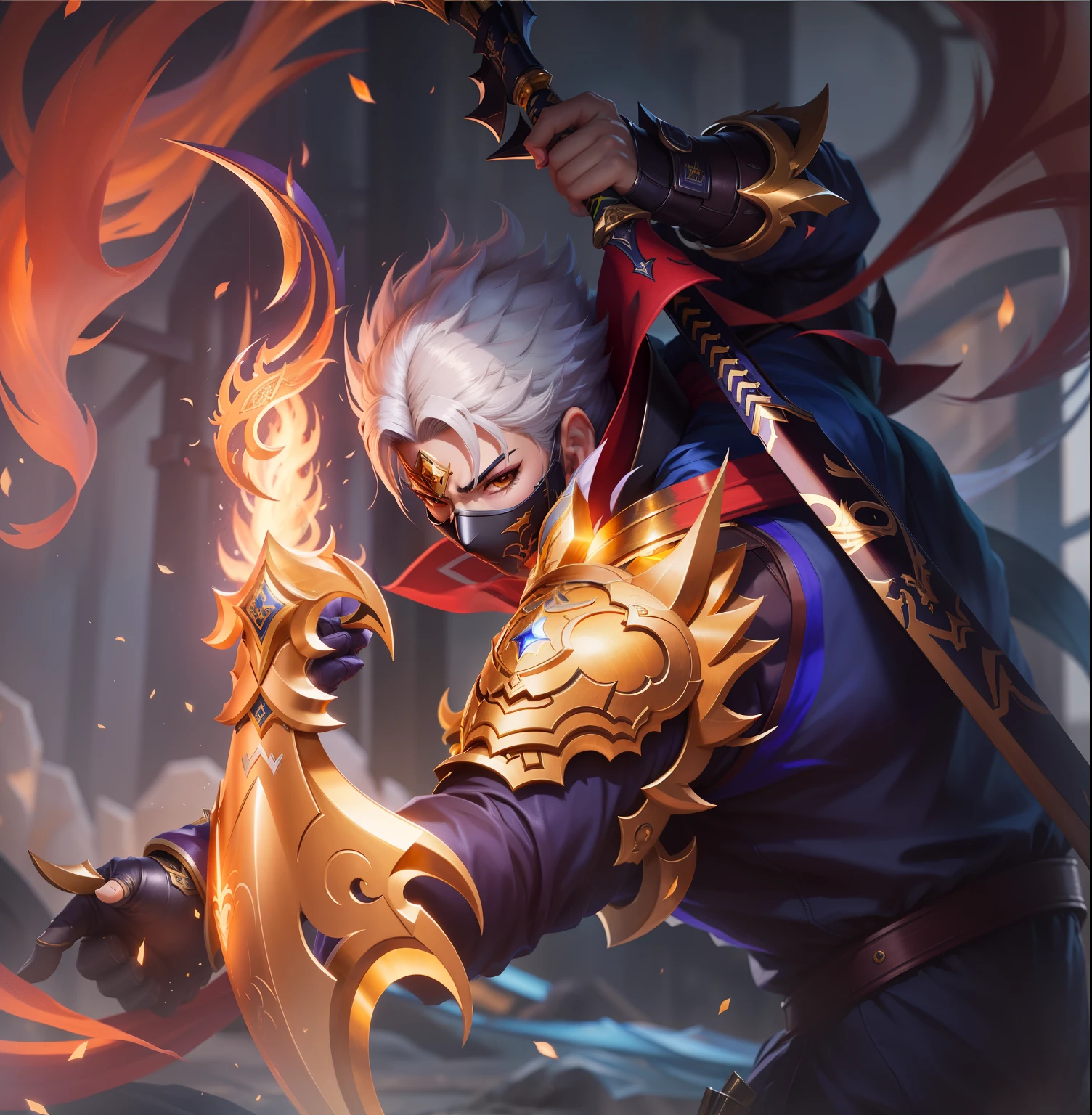 Masterpiece, ultra HD, detailed all picture, a close up of a ninja using sword, hayabusa from mobile legend, evil, extremely detailed artgerm, mobile legends character, inspired by hayabusa, yellow jewel above the chest