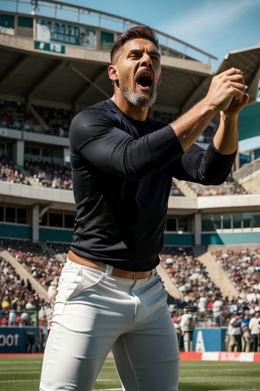 Create a realistic photograph of a male football trainer holding a scoreboard over his head, full of energy, shouting to motivate his team to victory. The subject is a confident, seasoned trainer with a grey beard and glasses. He is wearing a professional outfit that includes a dark sports jacket, a white shirt, and black pants. His expression is intense and passionate, mouth open as he shouts encouragement to his team.
The medium should be high-quality, realistic photography.
The environment is a lively sports stadium filled with cheering fans. The scene is set during a sunny day, with bright, natural lighting illuminating the subject and the surroundings.
The color palette should be vibrant yet realistic, with the trainer’s outfit contrasting against the green of the field and the multi-colored attire of the fans.
The mood of the photograph should be energetic and exhilarating, capturing the intensity and passion of a live sports event.
For composition, place the trainer centrally in the foreground, holding the scoreboard high above his head, with his body language exuding energy and determination. The perspective should emphasize his dynamic pose and animated expression, making him the focal point of the image. The background should include the stadium and cheering fans, providing context and enhancing the electric atmosphere of the scene