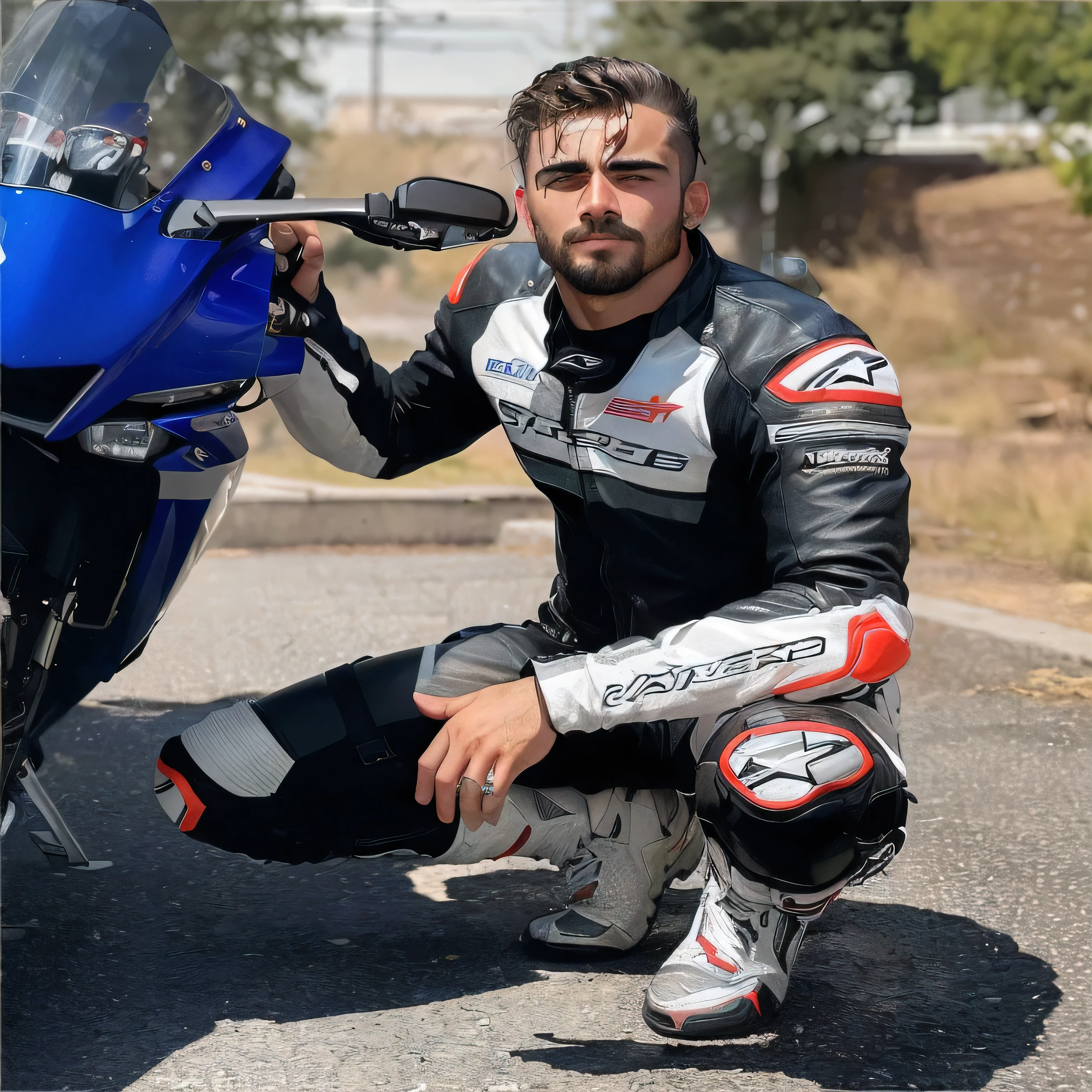 Arafed man kneels next to a motorcycle on a street, Reddit-Beitrag, auf einem Motorrad sitzen, Profilaufnahme, inspiriert von Nathan Oliveira, inspired by Alonso Vázquez, by Tom Wänerstrand, Image of a male biker, ohne Helm, Profilbild, von David Ruby, Mateo Dineen, aufgenommen im Jahr 2 0 2 0