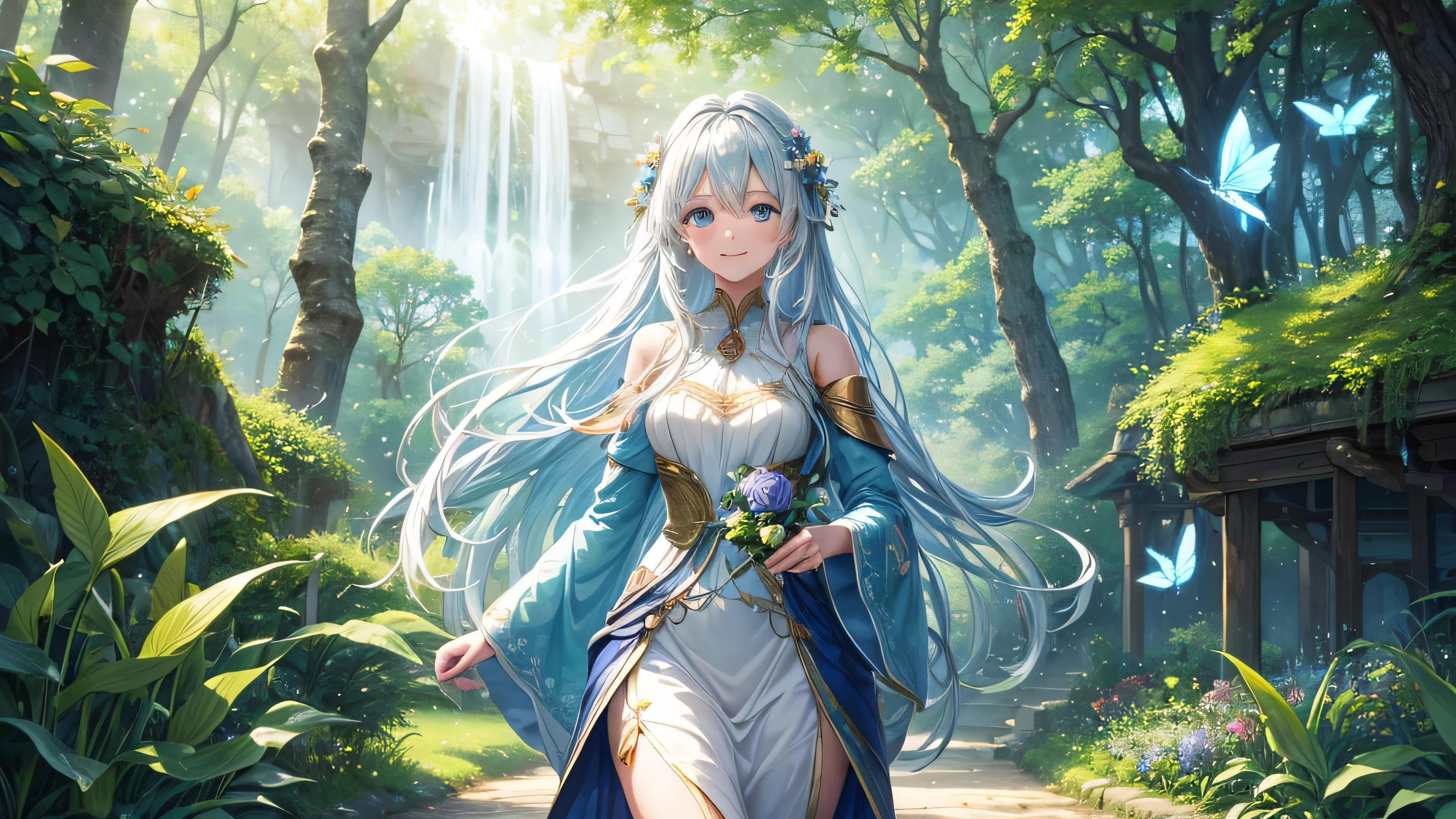 (a girl with sparkling blue eyes, long flowing hair, and a gentle smile),fantasy landscapes,anime style,rich colors,soft lighting,peaceful atmosphere,enchanted forest,sunrays filtering through the trees,magical flowers and plants,distant mountains,crystal clear lake,butterflies dancing in the air,sparkling waterfalls,happy animals playing,celestial sky,ethereal music playing softly,subtle wind rustling the leaves,tranquility and serenity,happiness and innocence,harmonious existence,](best quality,4k,highres,ultra-detailed),[dream-like surrealism],pastel color palette