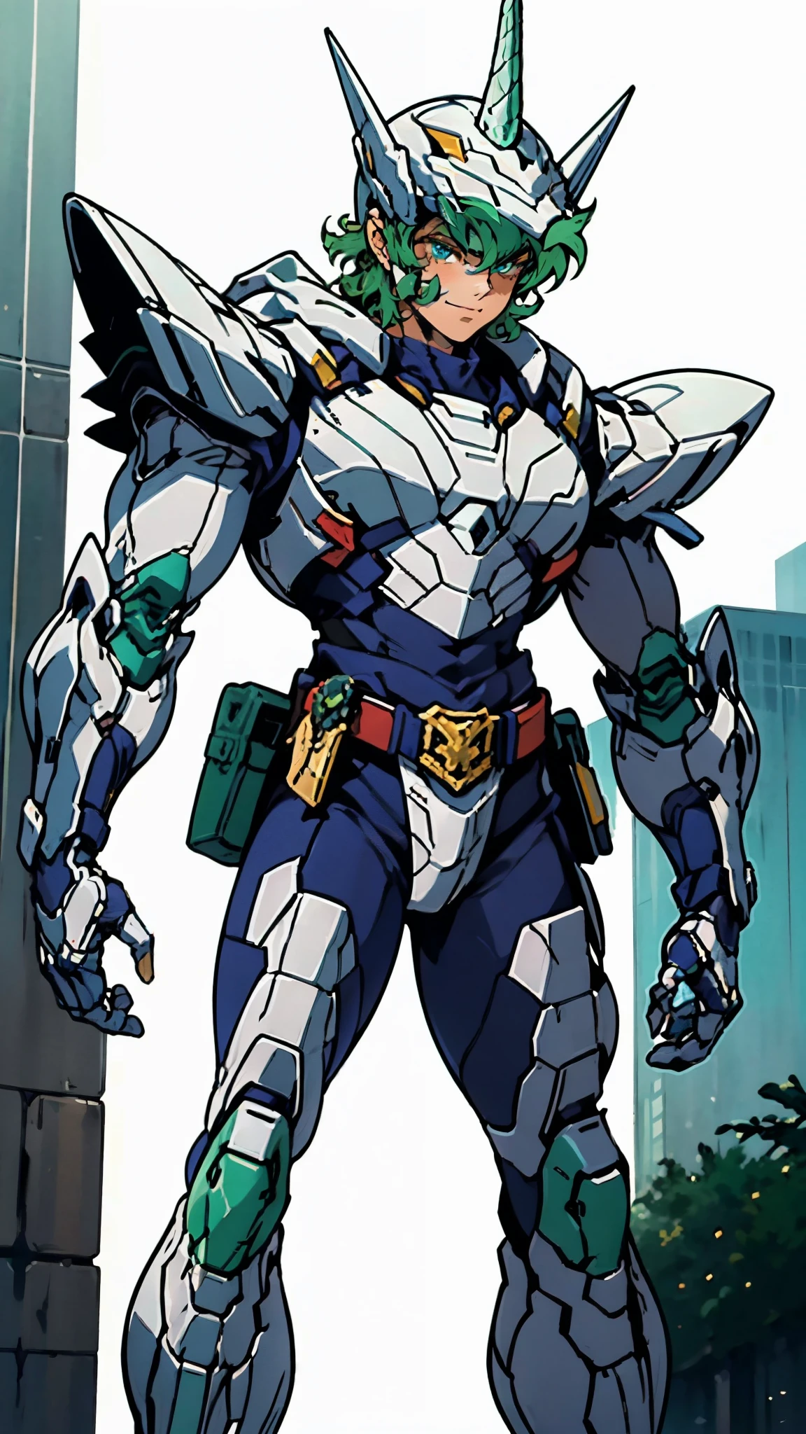 A man wearing a full-face helmet, a fantasy-style biotech armored combat suit, green eyes, (a composite layered chest armor), fully enclosed shoulder guards, matching arm and leg guards, the belt is adorned with Horseshoe-shaped marker, (the color scheme is primarily white with green accents), the design balances heavy with agility, a high-tech bio-mecha armor, (Armor Concept Inspired by Unicorn, stand on the top of a skyscraper in a futuristic sci-fi city), this character embodies a finely crafted fantasy-surreal style armored hero in anime style, exquisite and mature manga art style, (battle damage, element, plasma, energy, the armor glows), ((male:1.5)), metallic, real texture material, dramatic, high definition, best quality, highres, ultra-detailed, ultra-fine painting, extremely delicate, professional, perfect body proportions, golden ratio, anatomically correct, symmetrical face, extremely detailed eyes and face, high quality eyes, creativity, RAW photo, UHD, 32k, Natural light, cinematic lighting, masterpiece-anatomy-perfect, masterpiece:1.5