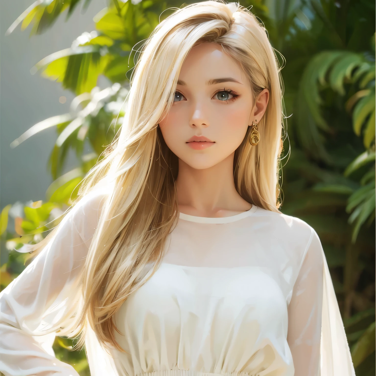 (artwork), Superior Quality,woman,Two-pronged,Beige Hair,Long Hair,White clothes