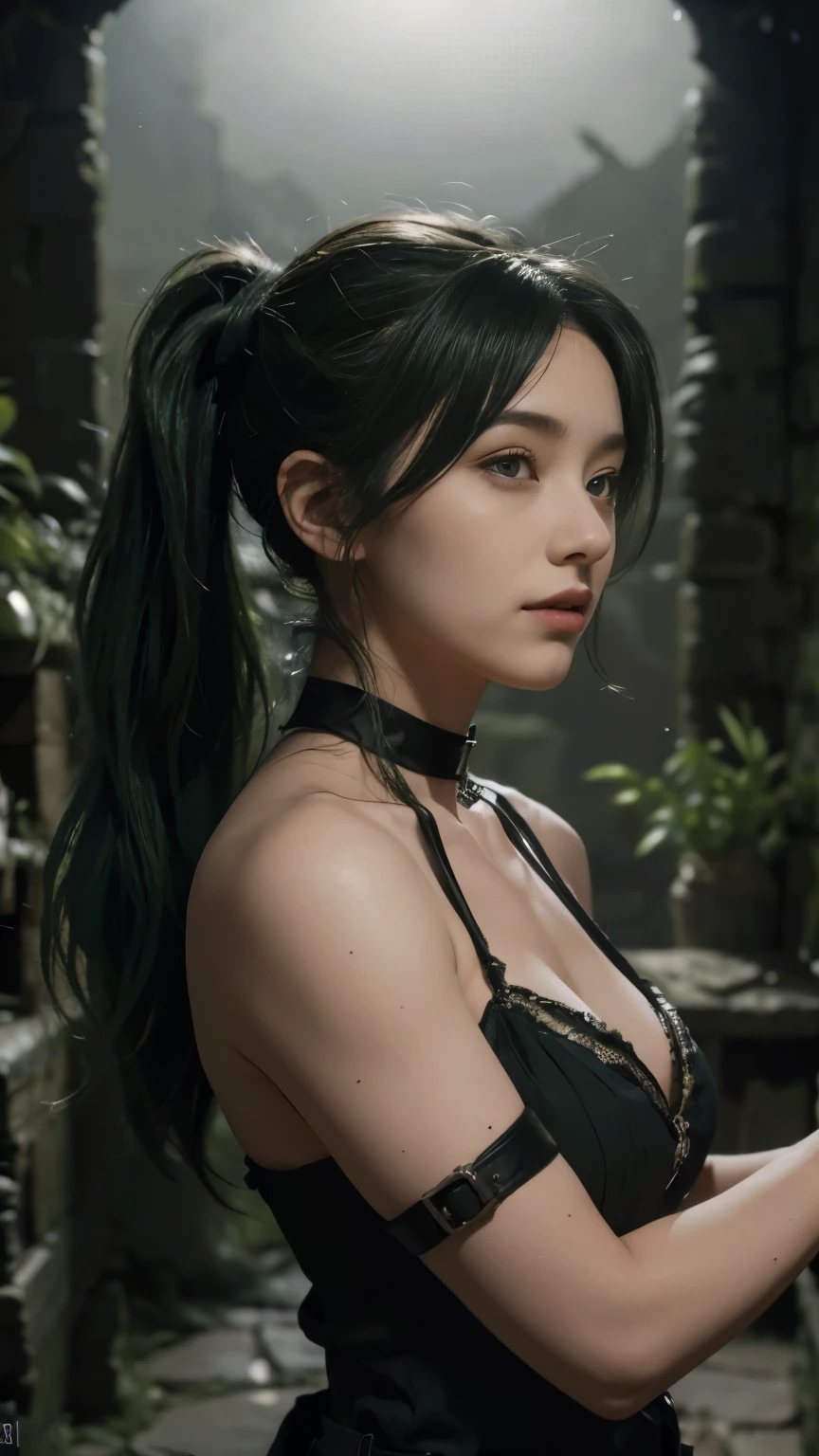 live-action, photo of, A hyper-realistic movie photograph inspired by the character Ubel from 'Frieren: Beyond Journey's End',A hyper-realistic movie photograph of a young woman with long, ((green hair styled in twin ponytails)). She is wearing a dark green dress with a pleated skirt, a black belt with buckles, and black gloves. She has a choker around her neck and black armbands on her upper arms. The background features an ancient, ruined stone structure with arched openings. The scene is set in a dramatic, ((dimly lit environment:1.5)), capturing a strong and confident pose, Cold eyes and a smile on the mouth