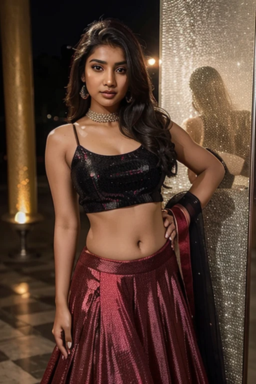 a young beautiful indian girl wearing a red sparkling top and black lehnga looking gorgeous