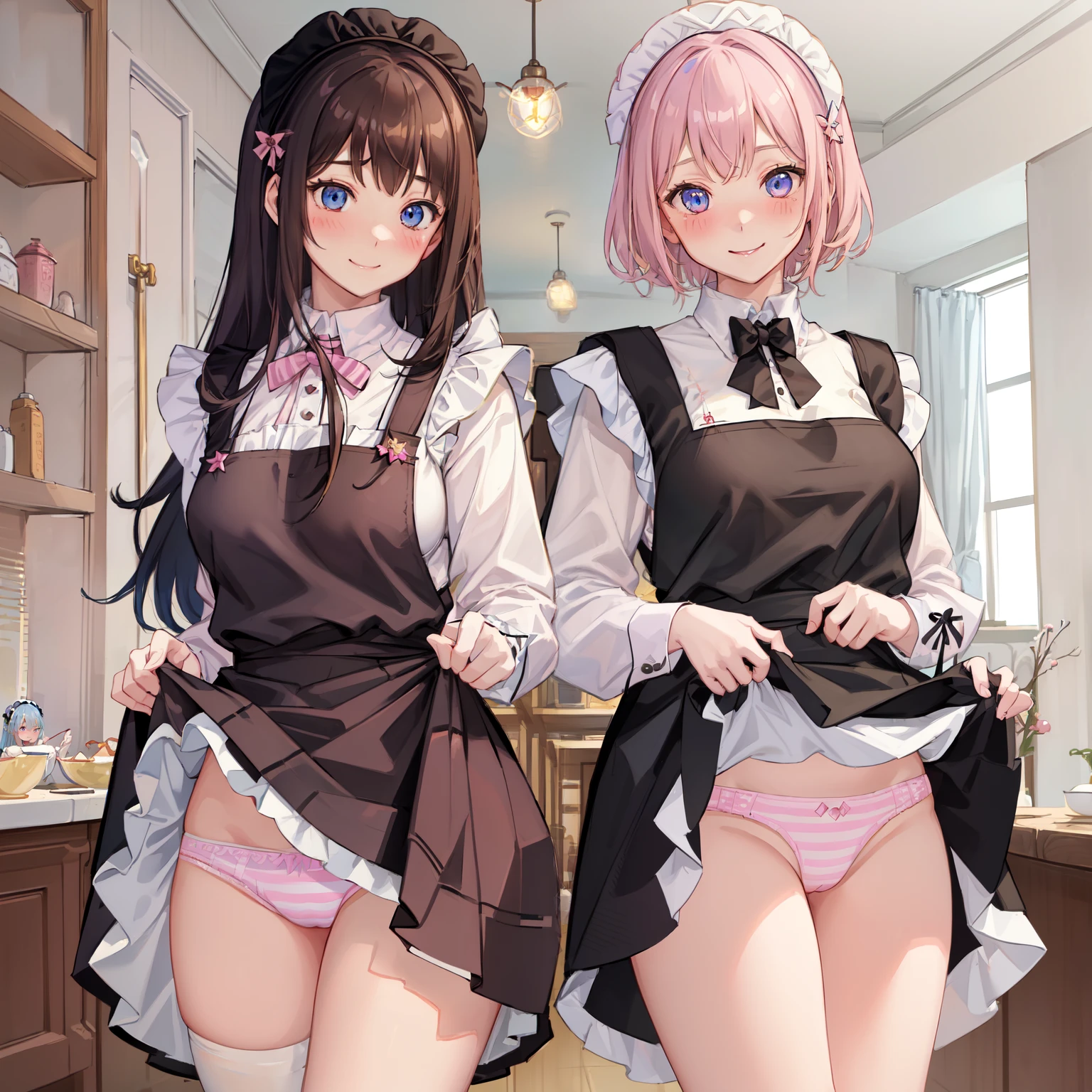 highest quality、masterpiece、((2 girls:1.5))、((smile:1.3))、(blush:1.3)、Black Shirt、blouse、((fun!!))、(Small breasts)、()、Blonde、(Long sleeve)、((White apron:1.5))、((Maid))、((hair ornaments)),、Kamimei、look at me、 ((in house:1.5))、 Taking a break from watching the audience、Cowboy Shot、(Skirt lift:1.3),(Highly detailed pink striped panties:1.3)、(Highly detailed panties:1.3)、、(スカート that rolls up:1.3)、(Panties fully exposed:1.5)、Light blue eyes、long hair、Glowing Eyes
