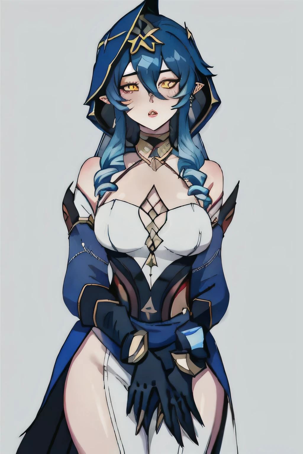 best quality, masterpiece, highres, solo, {layla_genshin:1.15}, blue_hair, long_hair, bangs, hair_between_eyes, drill_hair, pointy_ears, drill_locks, yellow_eyes, jewelry, very_long_hair, bright_pupils, claw_ring, white_pupils, parted_lips, breasts, neck_ring, 1girl, bare_shoulders, black_gloves, detached_sleeves, gloves, hood, long_sleeves, looking_at_viewer, puffy_sleeves, upper_body, white_background, hood_up, juliet_sleeves, simple_background, sidelocks