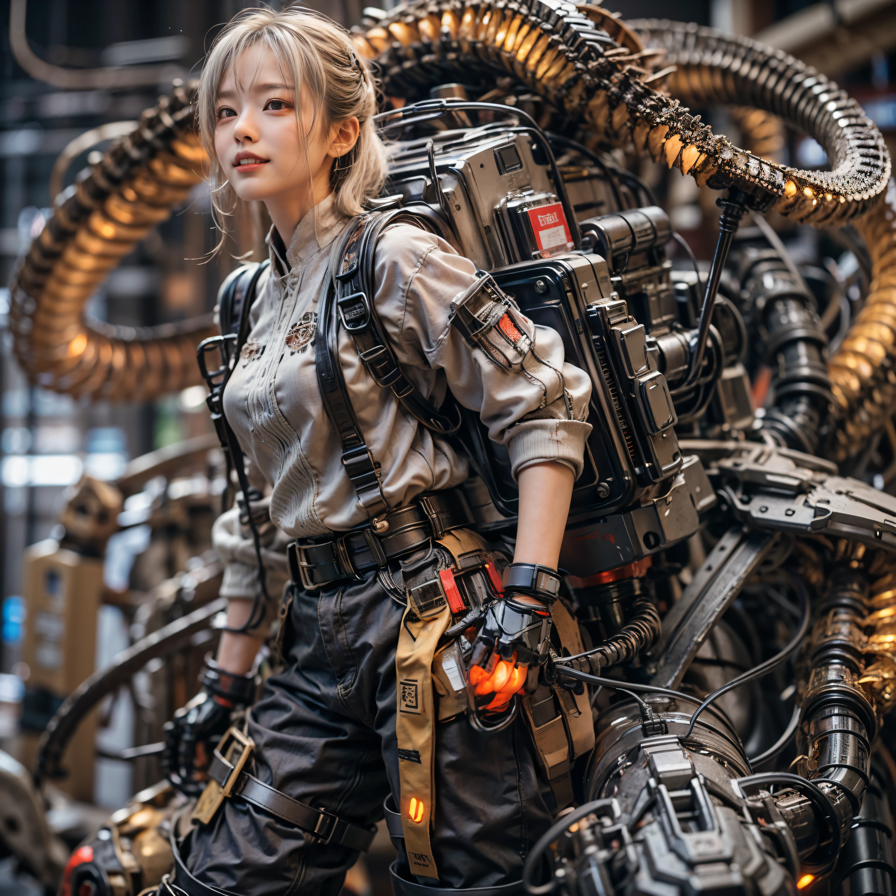 Japanese woman, heavy equipment, Mechanical backpack, very beautiful face, double teeth, fangs, reinforced exoskeleton with insect references, canine teeth, smiling face, silver hair, full body shot, photorealistic, realistic, ultra realistic, ultra detailed, ultimate intricate detail, lighting highlighting machinery, glossy, cave with a suspicious atmosphere