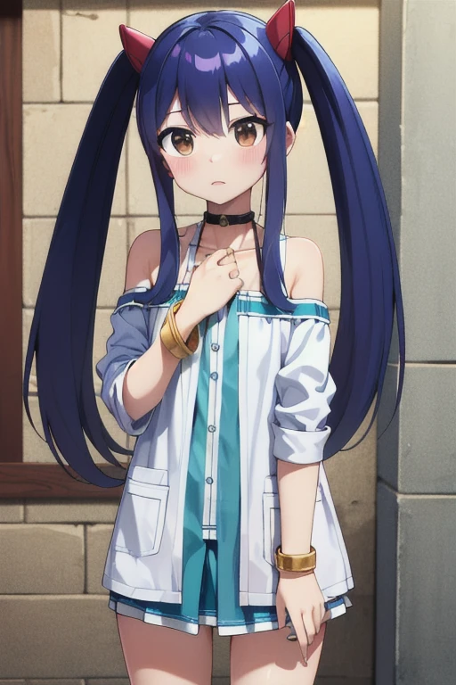 masterpiece, highest quality, High resolution, Arwendy, Long Hair, Twin tails, hair ornaments, Exposing shoulders,
raincoat,Bracelet, bracelet, at home,piece sign, Cowboy Shot, Embarrassing,