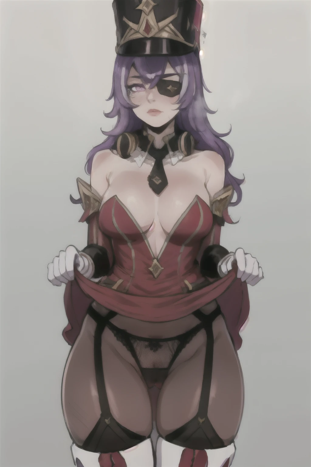 masterpiece, best quality, 1girl,hat,shako cap,purple hair,long hair, eyepatch, purple eyes,detached collar, necktie,bare shoulders,detached sleeves,dress,white gloves,black pantyhose, garter straps,white thigh boots,
grey background, dress lift, red panties