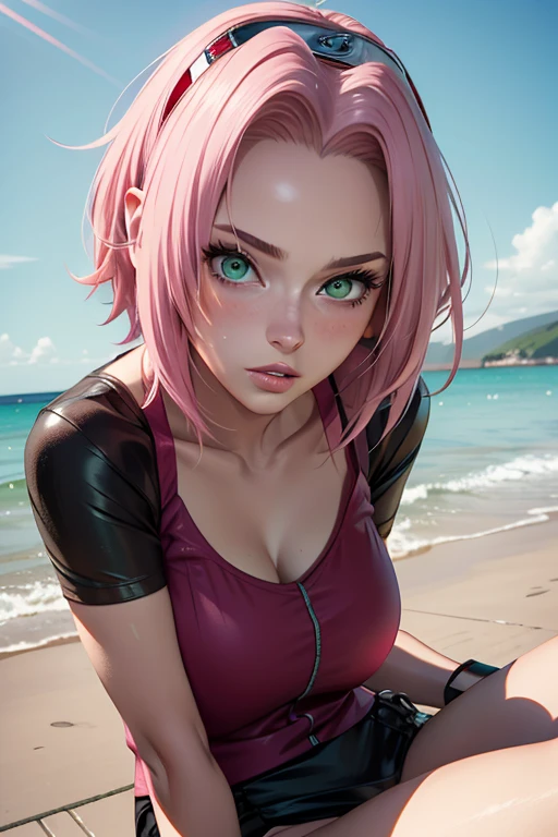 young woman, short shoulder-length pink hair, wide forehead, porcelain skin, pink eyebrows, big emerald green eyes, buttoned nose, full lips, heart-shaped face, slender body, small breasts, red tank top, Sakura Haruno , realistic, realism, details, 3d, well detailed