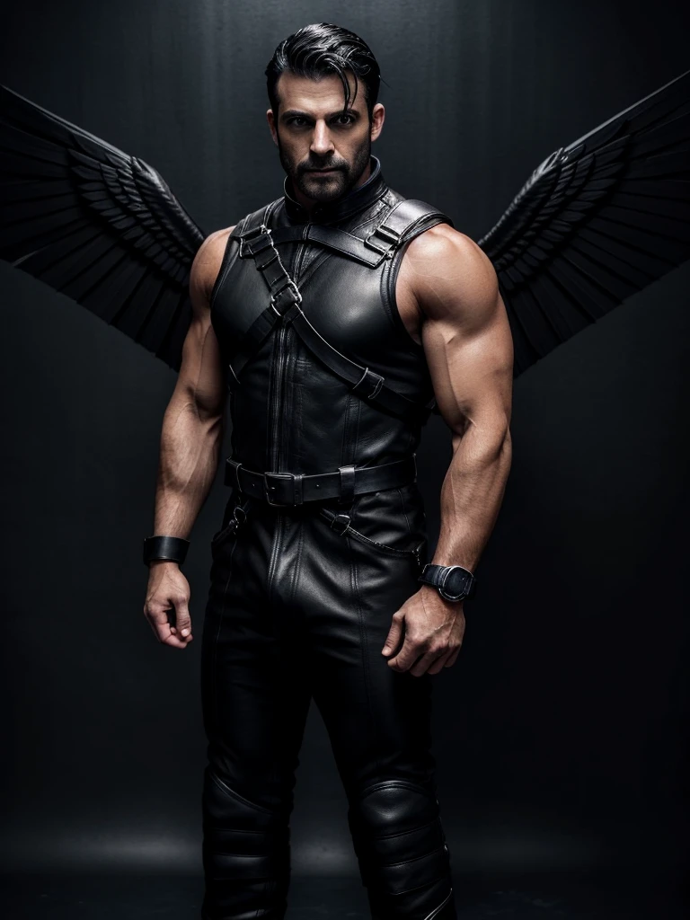 A muscular man with dark hair and black wings wearing a black leather harness and boots, standing in a dark smoky place, looking at the camera with a serious expression. The man is wearing a black leather harness and boots. He has a muscular build and dark hair. His wings are spread out behind him. He has a serious expression on his face. The background is dark and smoky.