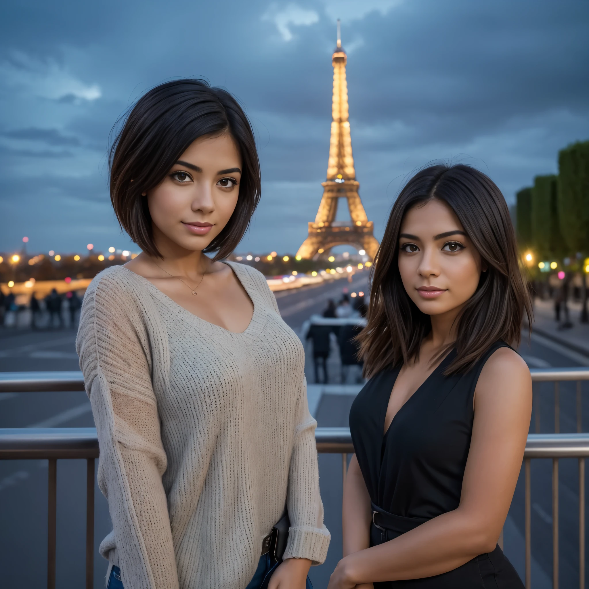 REALISTIC VISION 1.4 BETTER VAE, on the face of a young Latina woman, 25 years old, with short tousled hair, Eiffel Tower, Paris 8K, sharp focus, good exposure, night, ISO 1000, 1/250s, natural light, Adobe Lightroom, photo lab, Affinity Photo, PhotoDirector 365