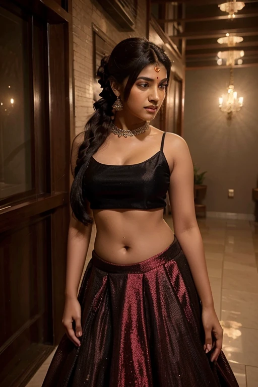 a young beautiful indian girl wearing a red sparkling top and black lehnga looking gorgeous. Her long hair styled as high pony tail