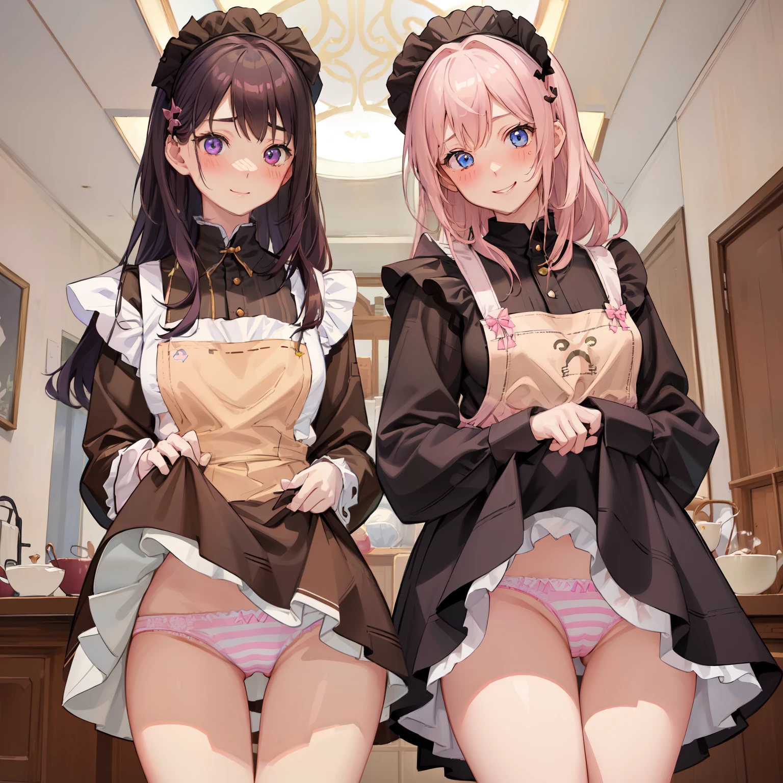 highest quality、masterpiece、((2 girls:1.5))、((smile:1.3))、(blush:1.3)、Black Shirt、blouse、((fun!!))、(Small breasts)、()、Blonde、(Long sleeve)、((White apron:1.5))、((Maid))、((hair ornaments)),、Kamimei、look at me、 ((in house:1.5))、 Taking a break from watching the audience、Cowboy Shot、(Skirt lift:1.3),(Highly detailed pink striped panties:1.3)、(Highly detailed panties:1.3)、、(スカート that rolls up:1.3)、(Panties fully exposed:1.5)、Light blue eyes、long hair、Glowing Eyes