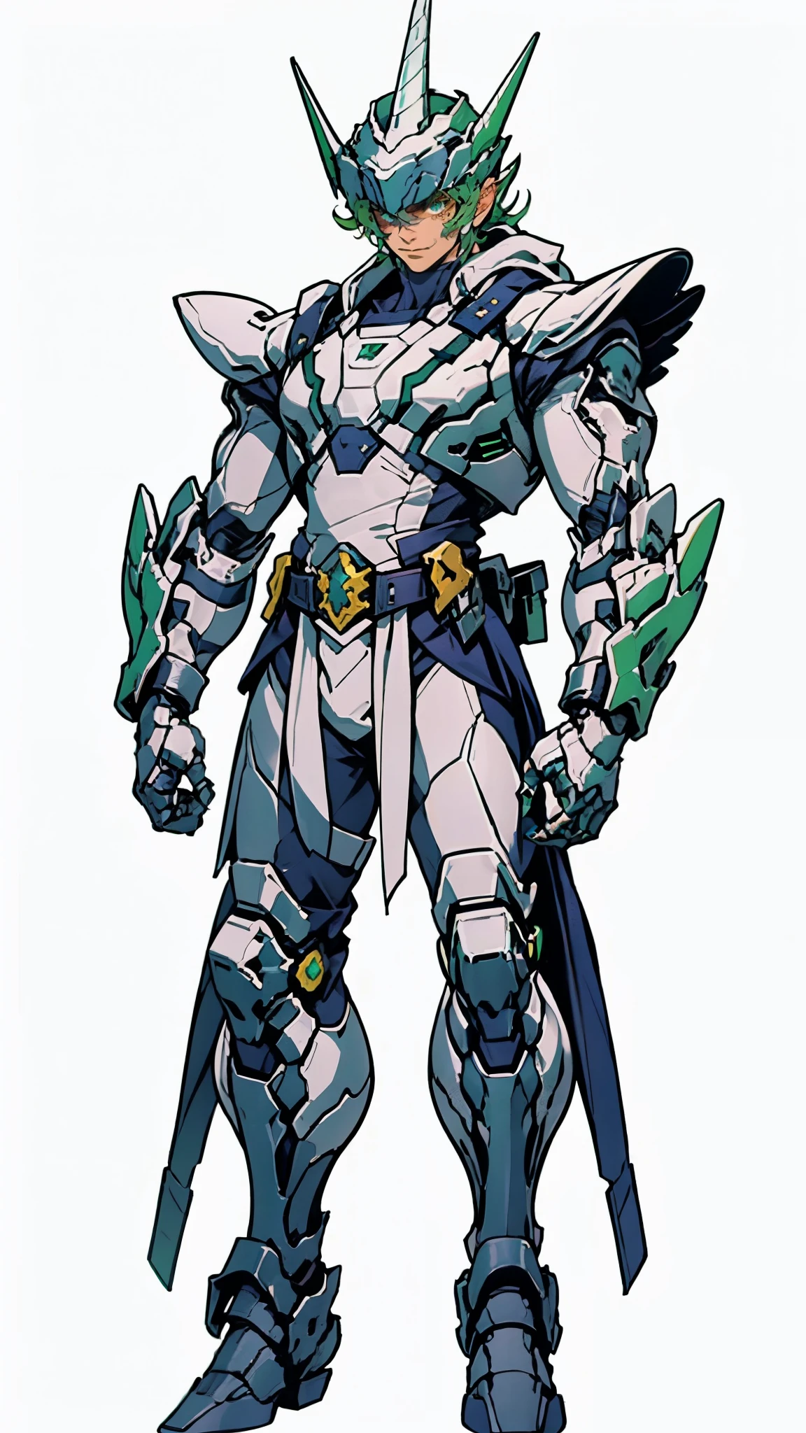 A man wearing a full-face helmet, a fantasy-style biotech armored combat suit, green eyes, (a composite layered chest armor), fully enclosed shoulder guards, matching arm and leg guards, the belt is adorned with Horseshoe-shaped marker, (the color scheme is primarily white with green accents), the design balances heavy with agility, a high-tech bio-mecha armor, (Armor Concept Inspired by Unicorn, stand on the top of a skyscraper in a futuristic sci-fi city), this character embodies a finely crafted fantasy-surreal style armored hero in anime style, exquisite and mature manga art style, (battle damage, element, plasma, energy, the armor glows), ((male:1.5)), metallic, real texture material, dramatic, high definition, best quality, highres, ultra-detailed, ultra-fine painting, extremely delicate, professional, perfect body proportions, golden ratio, anatomically correct, symmetrical face, extremely detailed eyes and face, high quality eyes, creativity, RAW photo, UHD, 32k, Natural light, cinematic lighting, masterpiece-anatomy-perfect, masterpiece:1.5