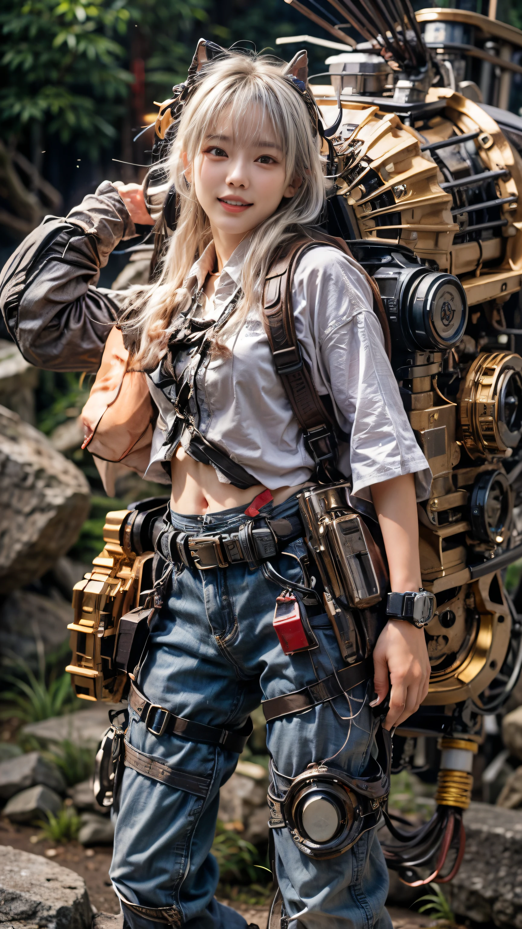 Japanese woman, heavy equipment, Mechanical backpack, very beautiful face, double teeth, fangs, reinforced exoskeleton with insect references, canine teeth, smiling face, silver hair, full body shot, photorealistic, realistic, ultra realistic, ultra detailed, ultimate intricate detail, lighting highlighting machinery, glossy, cave with a suspicious atmosphere