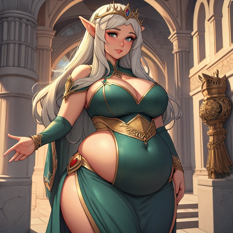 (Best quality), (high resolution), (detailed),1woman, bloated elf hiccups, chubby, big thighs, fat stomach, white fantasy dress, fantasy atmosphere