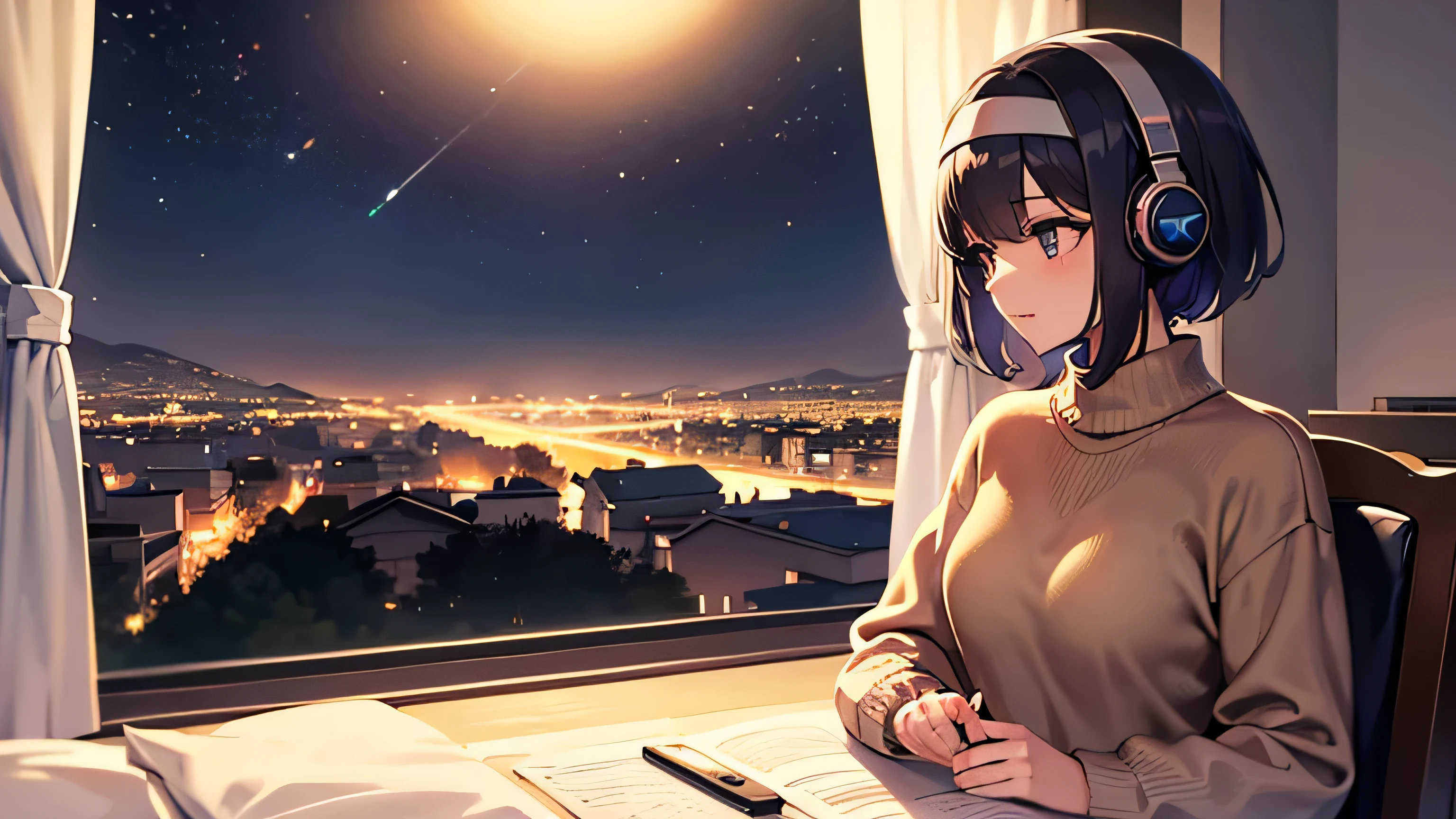 Detailed anime girls, Wearing a large sweater, Wearing headband headphones, praise, quiet, Quiet atmosphere, cold, Looking out the window in the bedroom, night, quiet night, masterpiece, highest quality, study