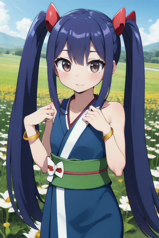 masterpiece, highest quality, High resolution, Arwendy, Long Hair, Twin tails, hair ornaments, Exposing shoulders,
furisode,Bracelet, bracelet, field, handstand, Cowboy Shot, Embarrassing,
