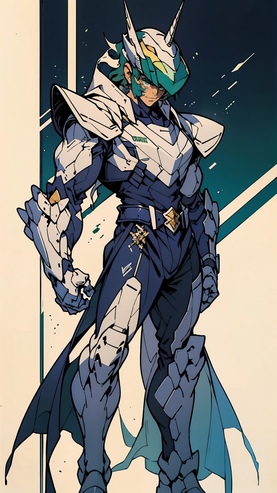A man wearing a full-face helmet, a fantasy-style biotech armored combat suit, green eyes, (a composite layered chest armor), fully enclosed shoulder guards, matching arm and leg guards, the belt is adorned with Horseshoe-shaped marker, (the color scheme is primarily white with green accents), the design balances heavy with agility, a high-tech bio-mecha armor, (Armor Concept Inspired by Unicorn, stand on the top of a skyscraper in a futuristic sci-fi city), this character embodies a finely crafted fantasy-surreal style armored hero in anime style, exquisite and mature manga art style, (battle damage, element, plasma, energy, the armor glows), ((male:1.5)), metallic, real texture material, dramatic, high definition, best quality, highres, ultra-detailed, ultra-fine painting, extremely delicate, professional, perfect body proportions, golden ratio, anatomically correct, symmetrical face, extremely detailed eyes and face, high quality eyes, creativity, RAW photo, UHD, 32k, Natural light, cinematic lighting, masterpiece-anatomy-perfect, masterpiece:1.5
