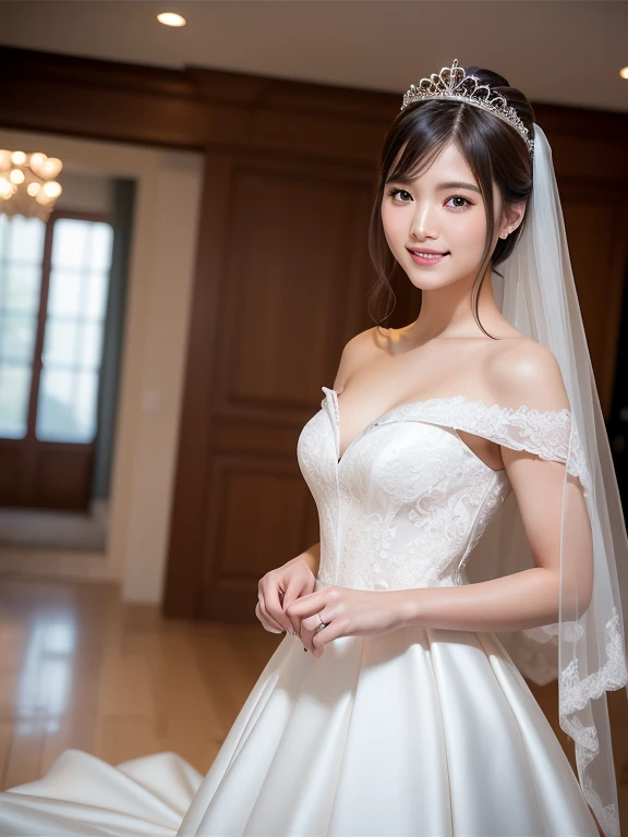 (Top quality: 1.5), (Realistic: 1.5), (1 person: 1.5), (Top: 1.5), Highly detailed, High resolution, 8k, Medium breasts, Natural colored lips, Cute smile, Japanese woman, 20-year-old girl, beautiful and elegant features, perfect and beautiful face, large eyes with good balance between the left and right sides, brunette eyes, beautiful and elegant features, beautiful double eyelids, natural bangs, beautiful thin nose, beautiful skin, fair skin, (medium bob hair), natural bangs, perfect and beautiful face, slim face and figure, (looks at the camera with a sweet smile), bright lighting, professional lighting, forward lighting, princess line wedding dress, best Wearing a luxury tiara (wearing a pure white off-shoulder wedding dress), luxury wedding dress, lace white gloves, bridal tiara, bridal veil, Western garden with beautiful roses, see-through silhouette, white dress,