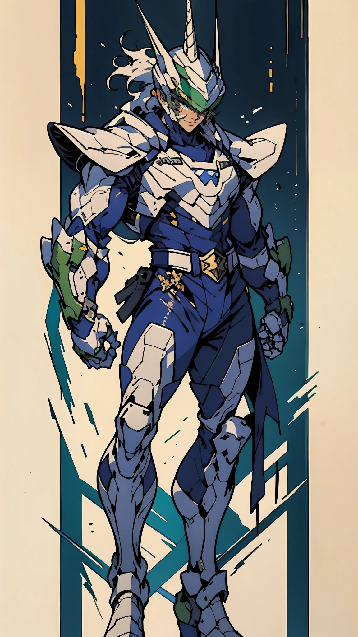 A man wearing a full-face helmet, a fantasy-style biotech armored combat suit, green eyes, (a composite layered chest armor), fully enclosed shoulder guards, matching arm and leg guards, the belt is adorned with Horseshoe-shaped marker, (the color scheme is primarily white with green accents), the design balances heavy with agility, a high-tech bio-mecha armor, (Armor Concept Inspired by Unicorn, stand on the top of a skyscraper in a futuristic sci-fi city), this character embodies a finely crafted fantasy-surreal style armored hero in anime style, exquisite and mature manga art style, (battle damage, element, plasma, energy, the armor glows), ((male:1.5)), metallic, real texture material, dramatic, high definition, best quality, highres, ultra-detailed, ultra-fine painting, extremely delicate, professional, perfect body proportions, golden ratio, anatomically correct, symmetrical face, extremely detailed eyes and face, high quality eyes, creativity, RAW photo, UHD, 32k, Natural light, cinematic lighting, masterpiece-anatomy-perfect, masterpiece:1.5