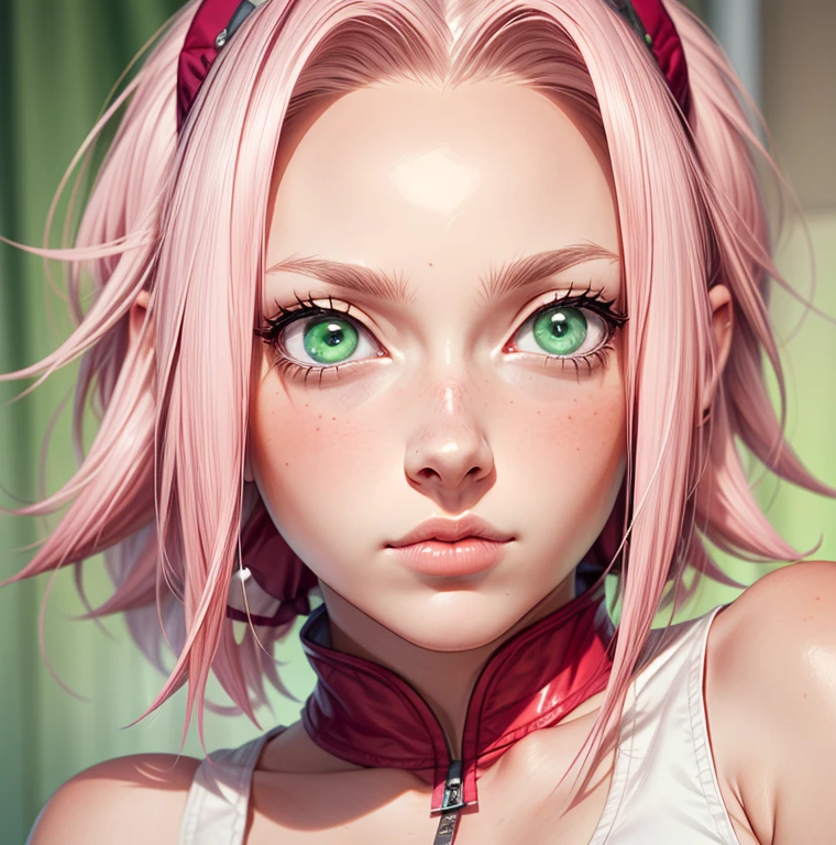 young woman, short shoulder-length pink hair, wide forehead, porcelain skin, pink eyebrows, big emerald green eyes, buttoned nose, full lips, heart-shaped face, slender body, small breasts, red tank top, Sakura Haruno , realistic, realism, details, 3d, well detailed