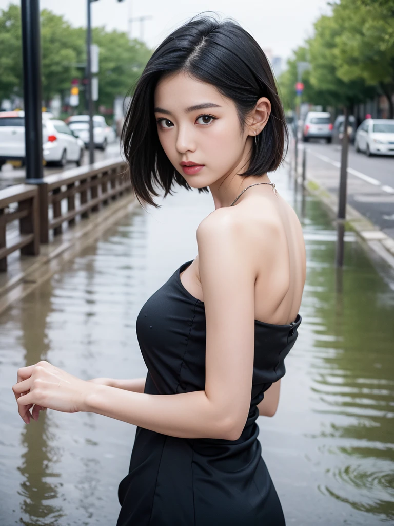 Arapei asian woman posing for photo in black dress, beautiful asian girl, xisen wu, asian girl, korean girl, girl cute thin face, chen xintong, gorgeous korean young woman, beautiful korean woman, short hair, chinese girl, gorgeous chinese model, yoshitomo nara, sakimichan, ((best quality, 8k, masterpiece: 1.3)), focus: 1.2, perfect body beauty: 1.4, buttocks: 1.2, ((layered haircut, beautiful breasts: 1.2)), ( Wet Clothes:1.1) , (Rain, Street:1.3), Bandeau Dress: 1.1, Highly Detailed Face and Skin Texture, Delicate Eyes, Double Eyelids, Whitened Skin, Long Hair, (Shut Up: 1.3), After Rain, (Sky Rainbow: 1.1), (Black Dress: 1.2)