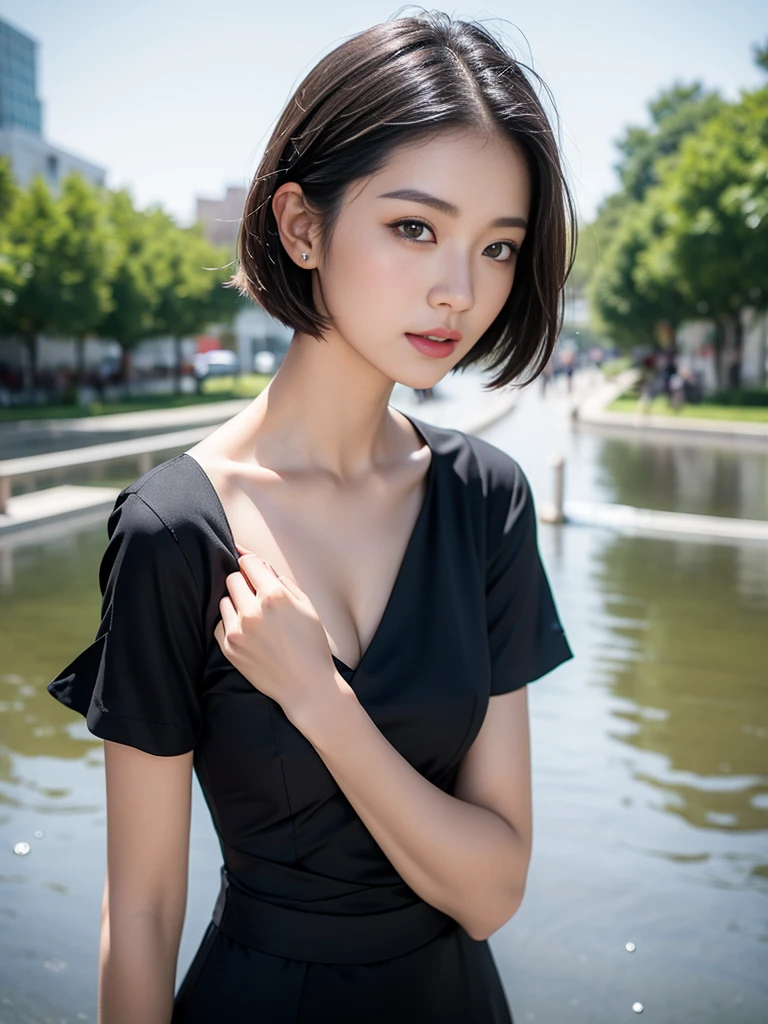 Arapei asian woman posing for photo in black dress, beautiful asian girl, xisen wu, asian girl, korean girl, girl cute thin face, chen xintong, gorgeous korean young woman, beautiful korean woman, short hair, chinese girl, gorgeous chinese model, yoshitomo nara, sakimichan, ((best quality, 8k, masterpiece: 1.3)), focus: 1.2, perfect body beauty: 1.4, buttocks: 1.2, ((layered haircut, beautiful breasts: 1.2)), ( Wet Clothes:1.1) , (Rain, Street:1.3), Bandeau Dress: 1.1, Highly Detailed Face and Skin Texture, Delicate Eyes, Double Eyelids, Whitened Skin, Long Hair, (Shut Up: 1.3), After Rain, (Sky Rainbow: 1.1), (Black Dress: 1.2)