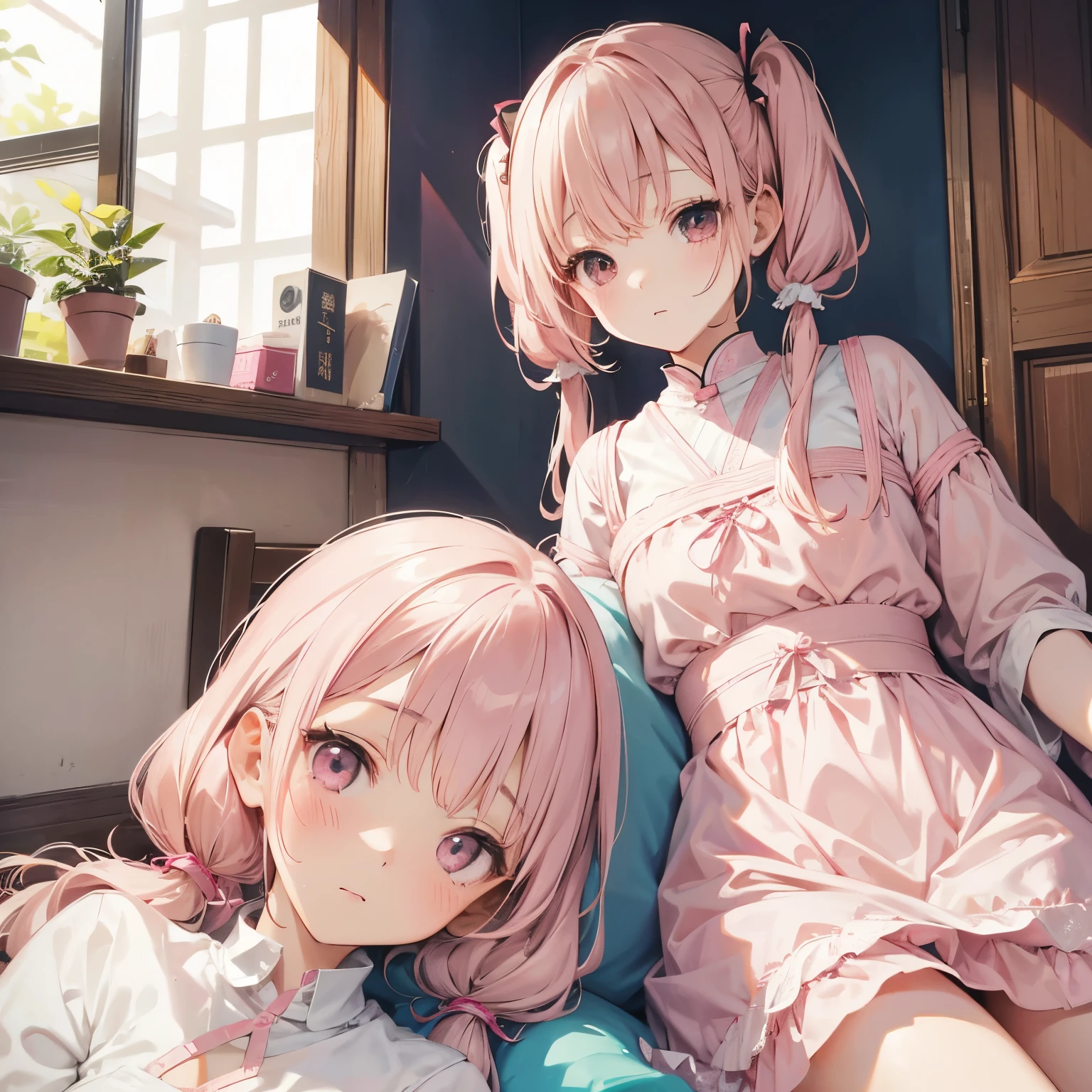 beige pink hair、Beauty、Two Shibari、Pigtails、sister、Sleepy