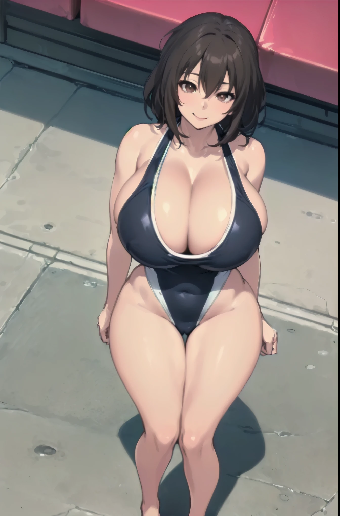 ((competition swimsuit:2.0)),(beautiful detailed eyes:1.5),(ultra-detailed face:1.5),(living room:1.5),(From above:2.5),(((medium hair:1.3,black hair:1.5))),(brown eyes:2.0),(from directly above:1.5), (1 girl:2.0),(under breasts:2.0),(Smile Beam:1.5),((huge breasts:2.5)),(huge saggy breasts:2.5), ((cleavage:2.0)),((competition swimsuit:2.0)),((High leg:2.0), 20 years old,masterpiece,hyper quality, very detailed,perfect picture,3D,8k,High resolution,seductive anime girl, sporty hairstyle,Smooth anime CG art, 